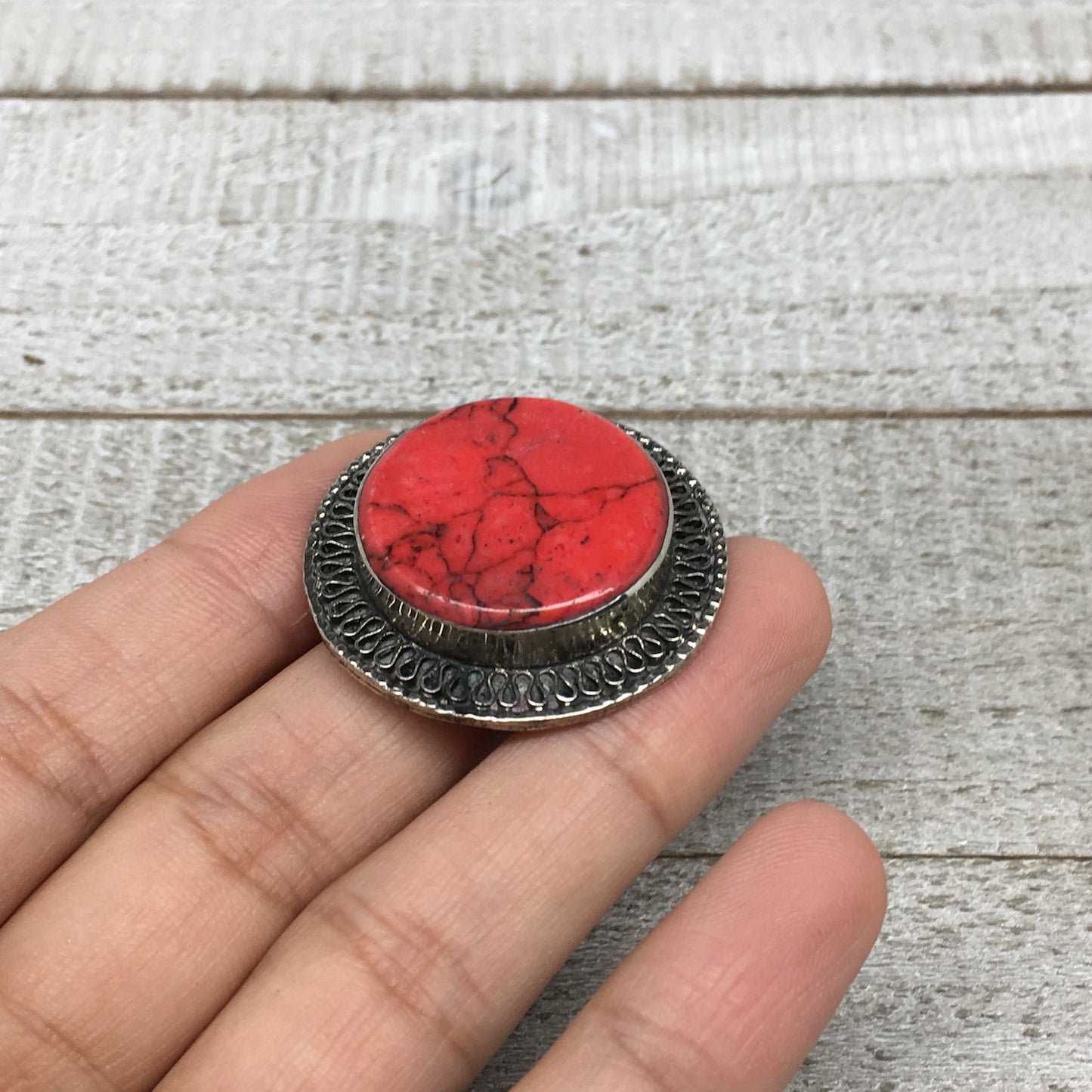 Antique Afghan Turkmen Tribal Round Shape Red Coral Inlay Kuchi Ring Boho, TR83