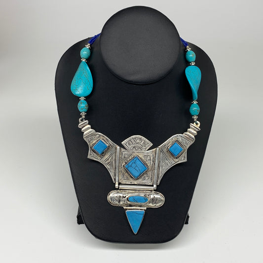 Turkmen Necklace Antique Afghan Tribal Blue Turquoise Inlay V-Neck, Necklace T51