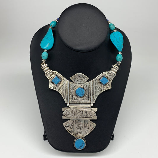Turkmen Necklace Antique Afghan Tribal Blue Turquoise Inlay V-Neck, Necklace T53