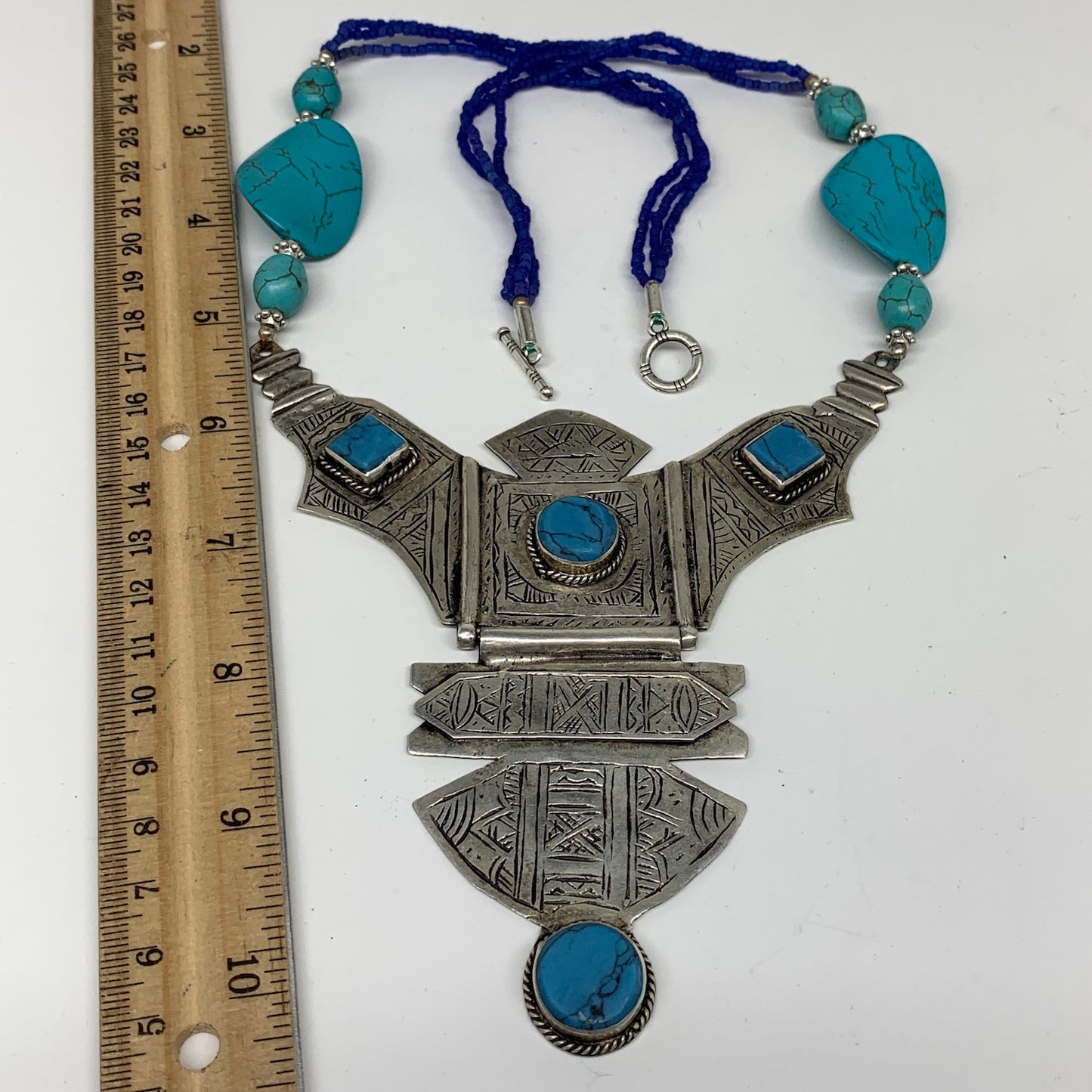 Turkmen Necklace Antique Afghan Tribal Blue Turquoise Inlay V-Neck, Necklace T53
