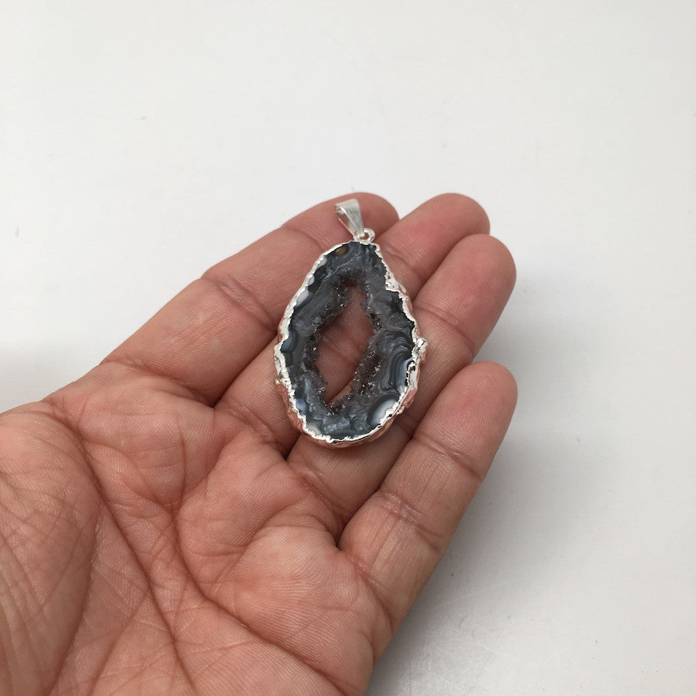 Agate Druzy Slice Geode Pendant Silver Plated from Brazil,Free 18" Chain, Bp741 - watangem.com
