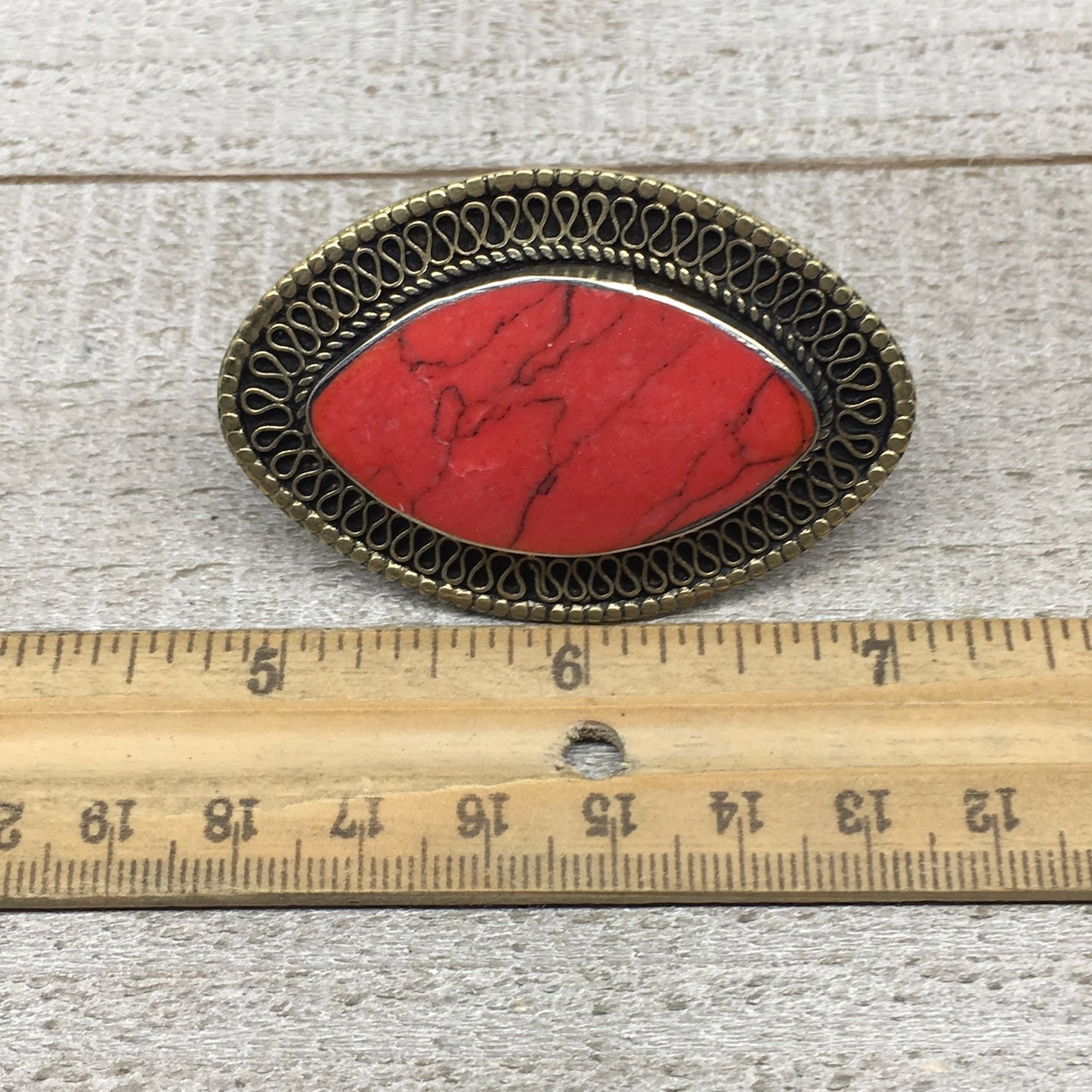 Antique Afghan Turkmen Tribal Marquise Red Coral Inlay Kuchi Ring Boho Size 7 TR