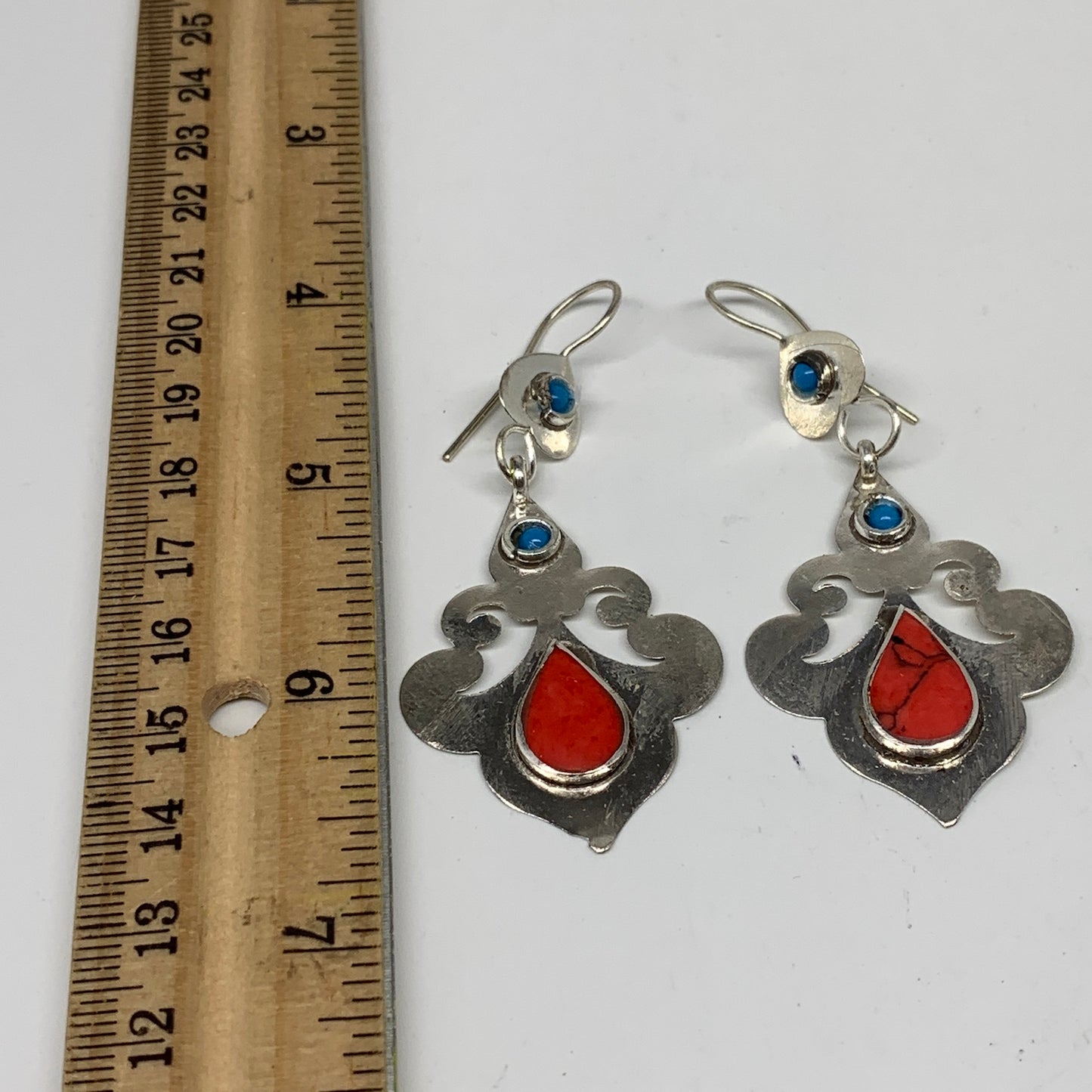 Turkmen Earring Handmade Afghan Tribal Red Coral Inlay Teardrop Shape Earring, T