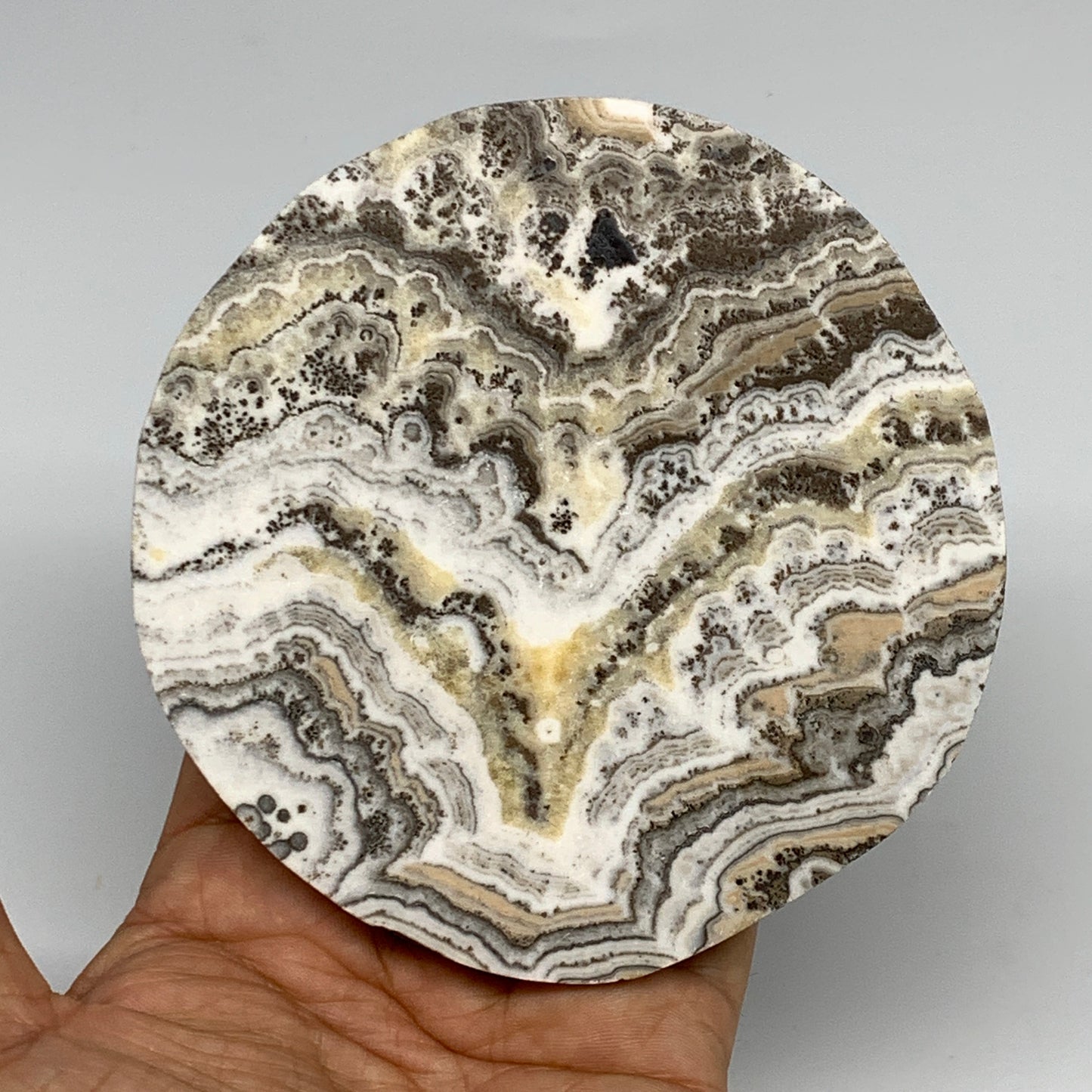 299.6g, 4.3"x0.6", Natural Picture Calcite Round Disc/Coaster @Mexico, B25472