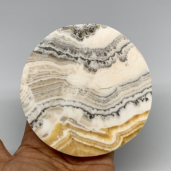 423.9g, 4.3"x0.8", Natural Picture Calcite Round Disc/Coaster @Mexico, B25479