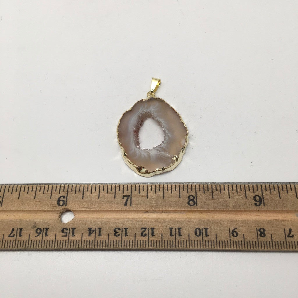 42 Cts Agate Druzy Slice Geode Gold Plated Pendant Handmade from Brazil,Bp858