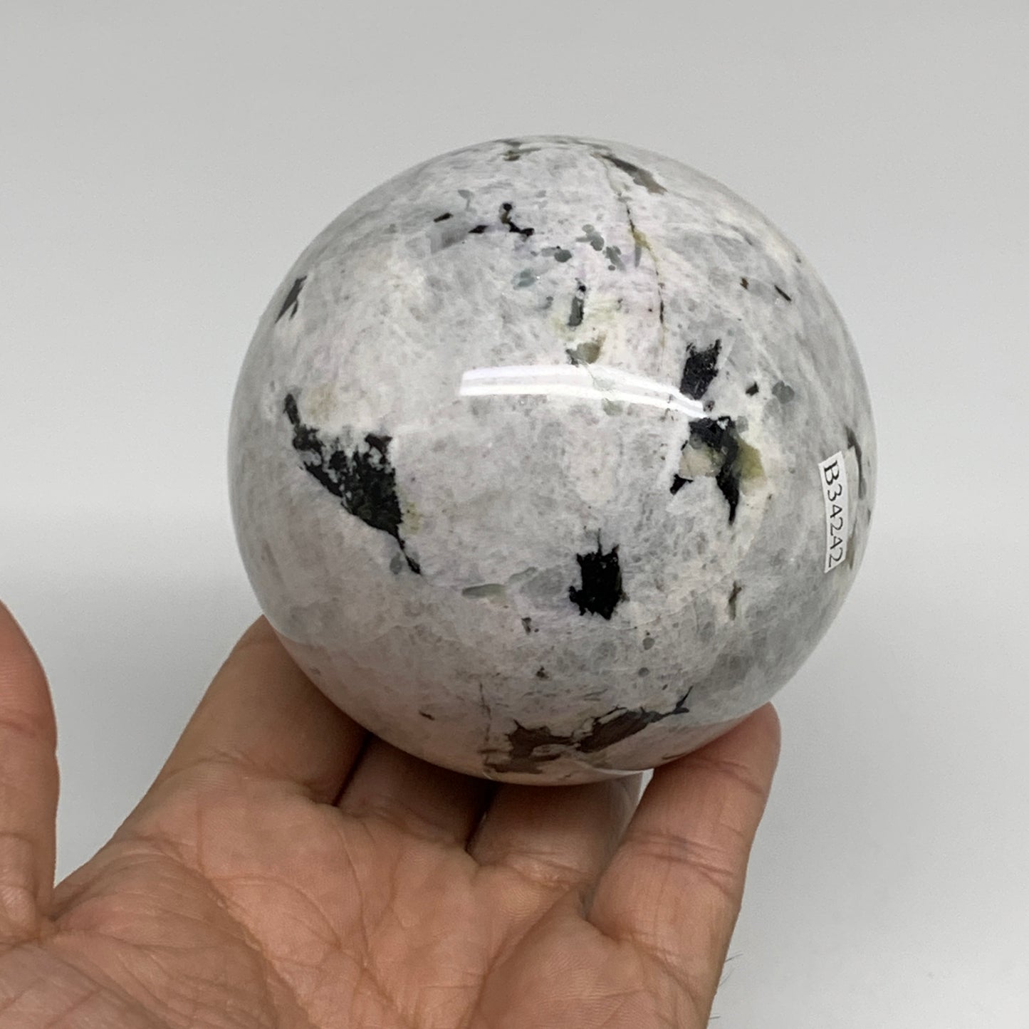 1.53 lbs, 3.1"(79mm), Natural Rainbow Moonstone Sphere Ball Gemstone, B34242