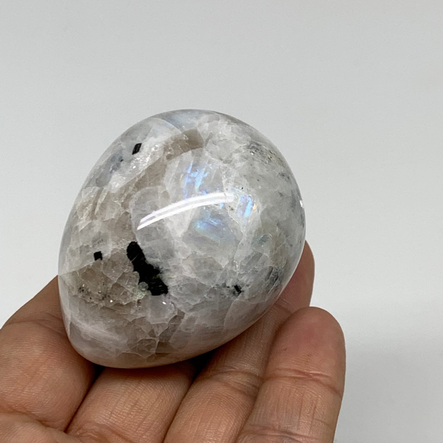149.9g, 2.1"x1.8", Natural Gemstone White Rainbow Moonstone Egg, B34288