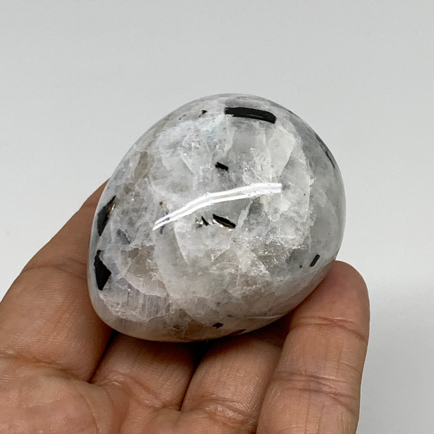 149.9g, 2.1"x1.8", Natural Gemstone White Rainbow Moonstone Egg, B34288