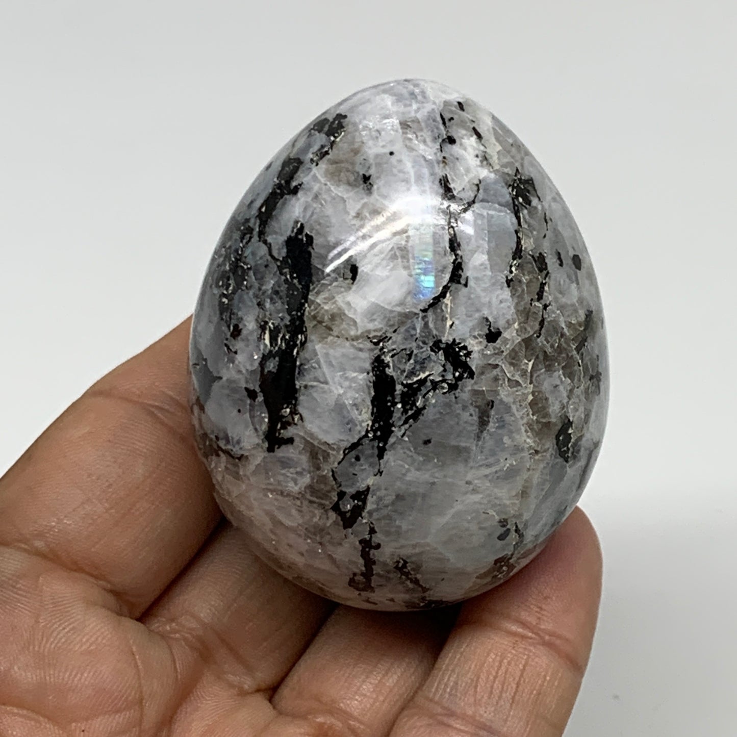152.8g, 2.2"x1.7", Natural Gemstone White Rainbow Moonstone Egg, B34290