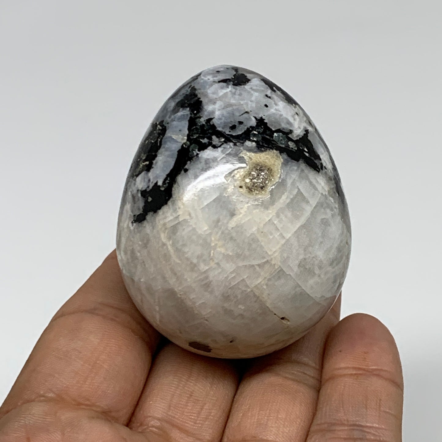 123.2g, 2.1"x1.7", Natural Gemstone White Rainbow Moonstone Egg, B34298