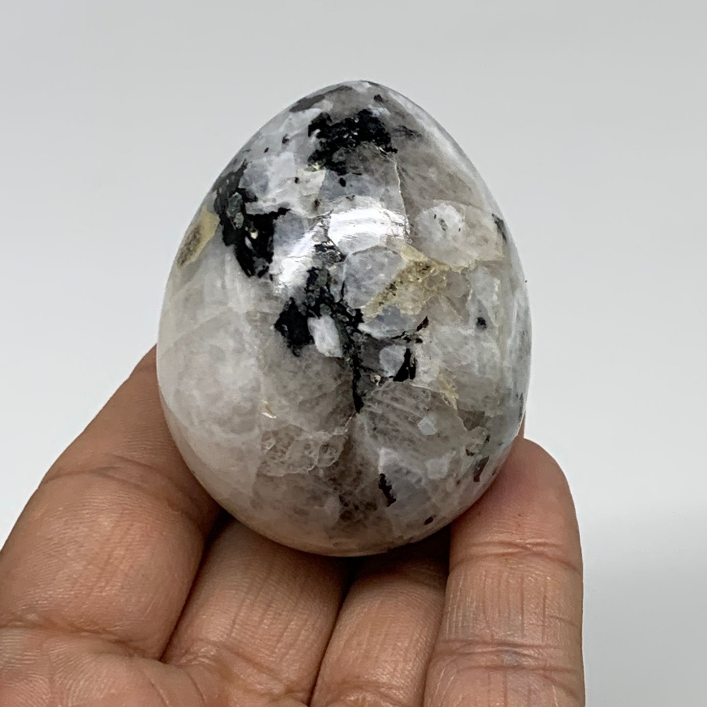 123.2g, 2.1"x1.7", Natural Gemstone White Rainbow Moonstone Egg, B34298