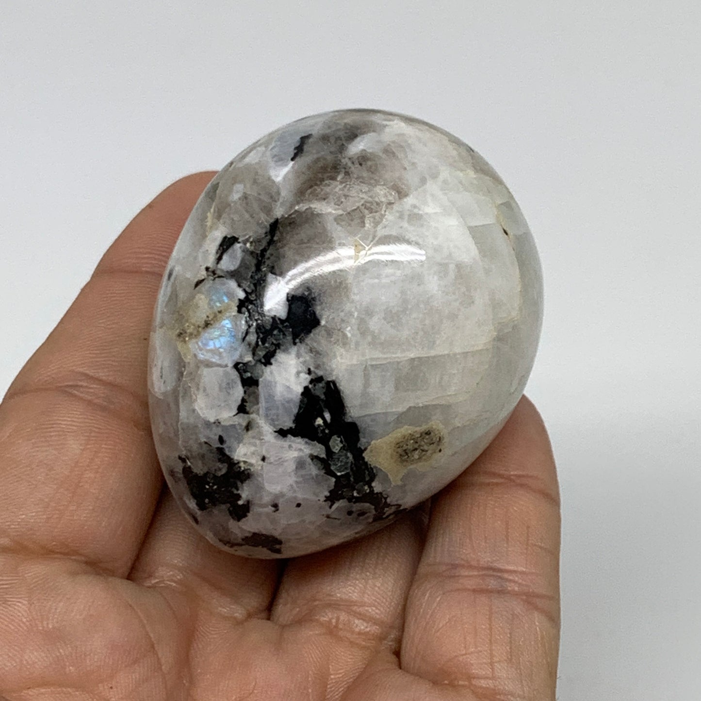 123.2g, 2.1"x1.7", Natural Gemstone White Rainbow Moonstone Egg, B34298