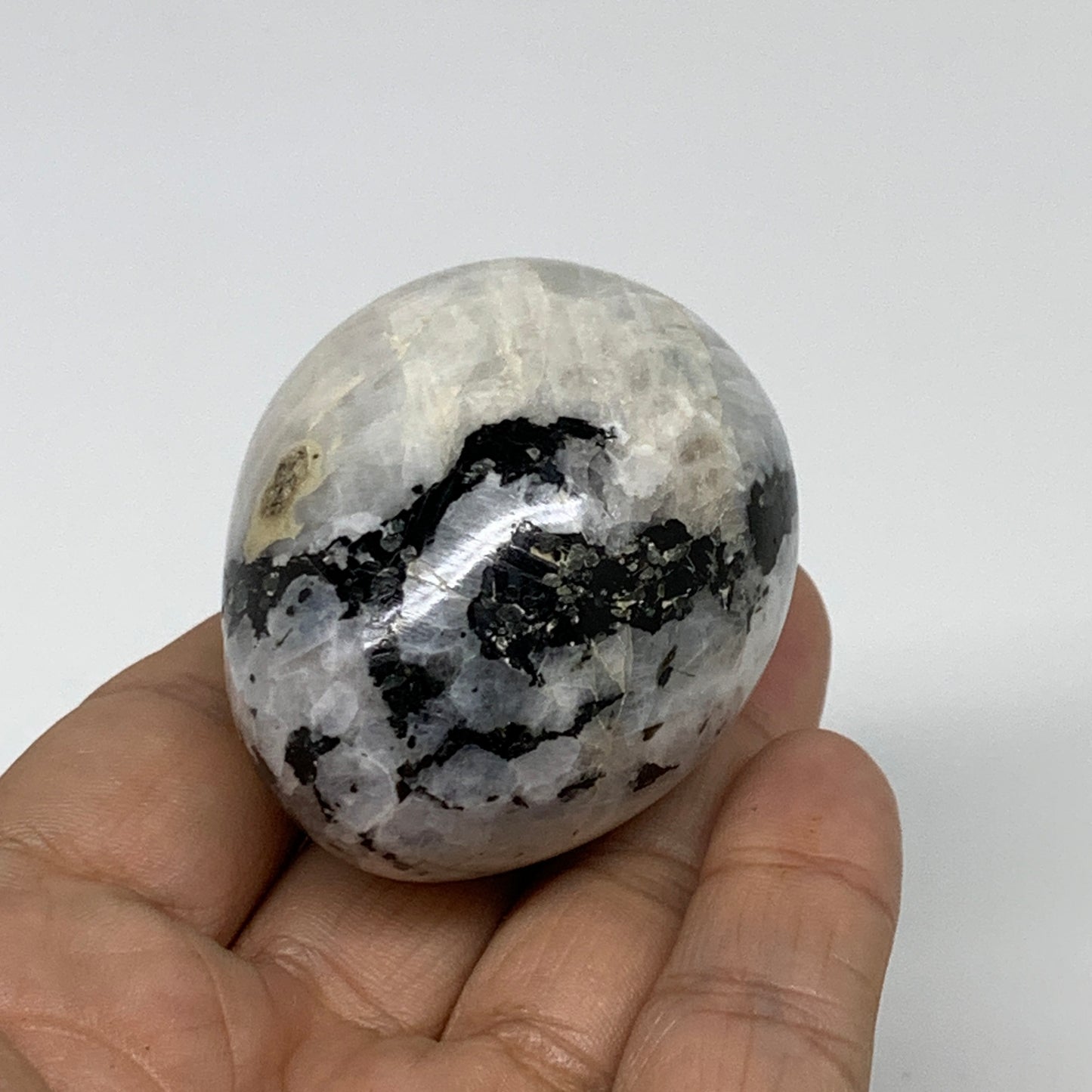 123.2g, 2.1"x1.7", Natural Gemstone White Rainbow Moonstone Egg, B34298