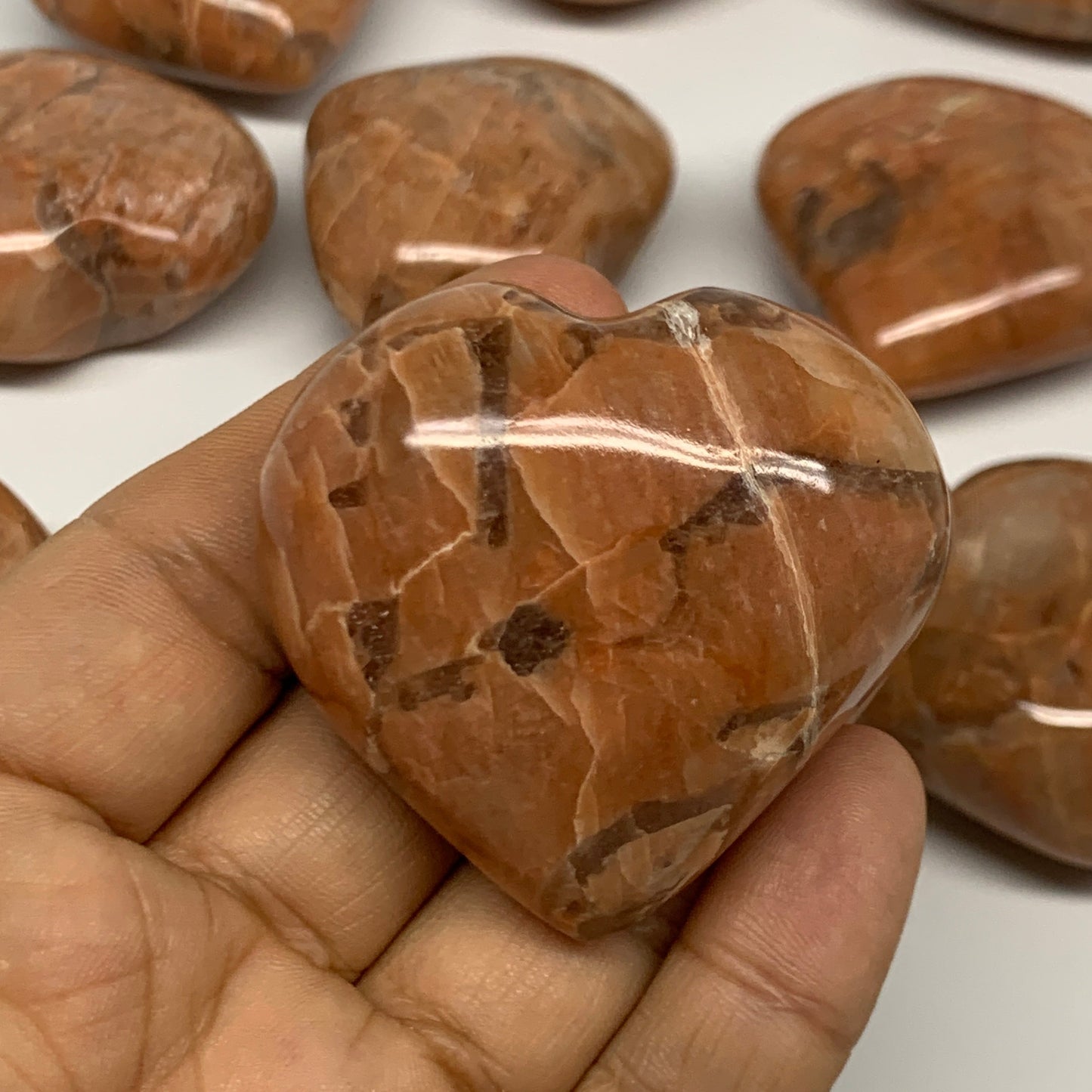 1030g (2.2 lbs) ,14 pcs, 1.7"- 1.9, Peach Moonstone Hearts @Madagascar, B27240