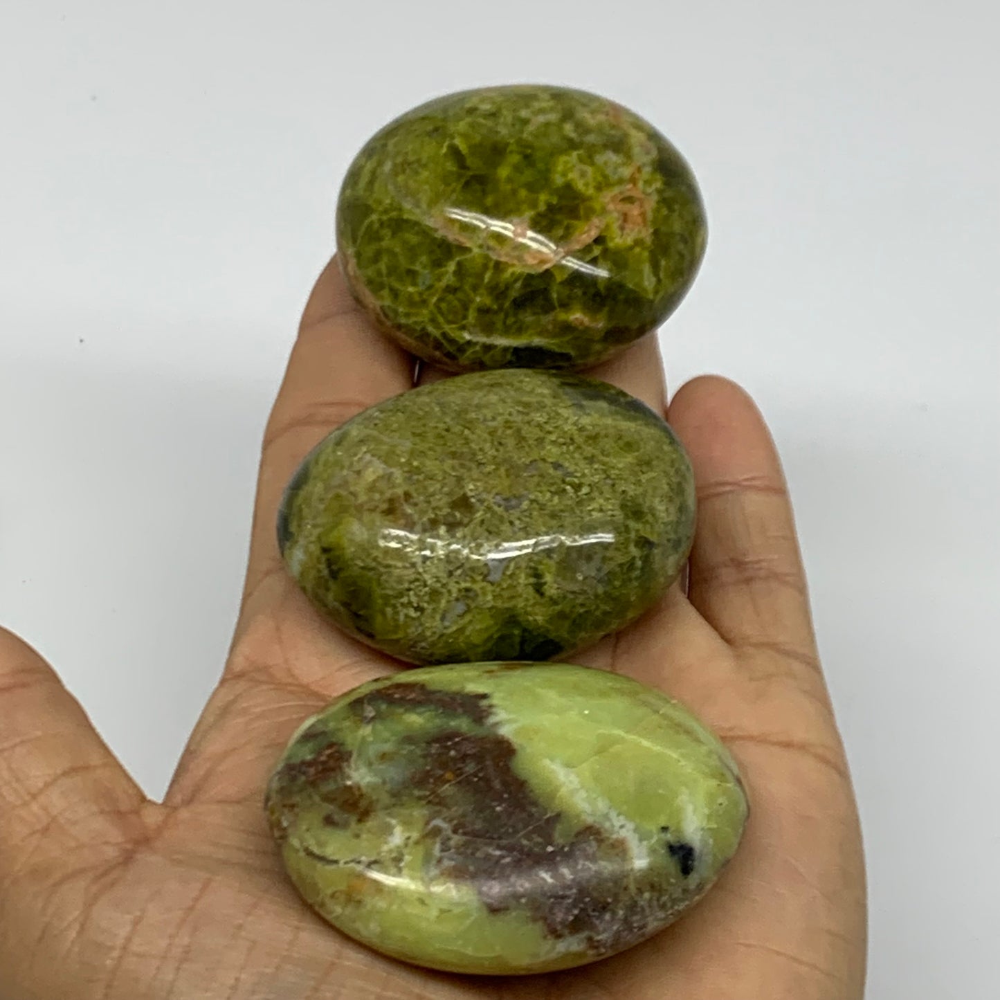 213.9g, 2"-2.2", 3pcs, Green Opal Crystal PalmStone Polished Reiki, B38319