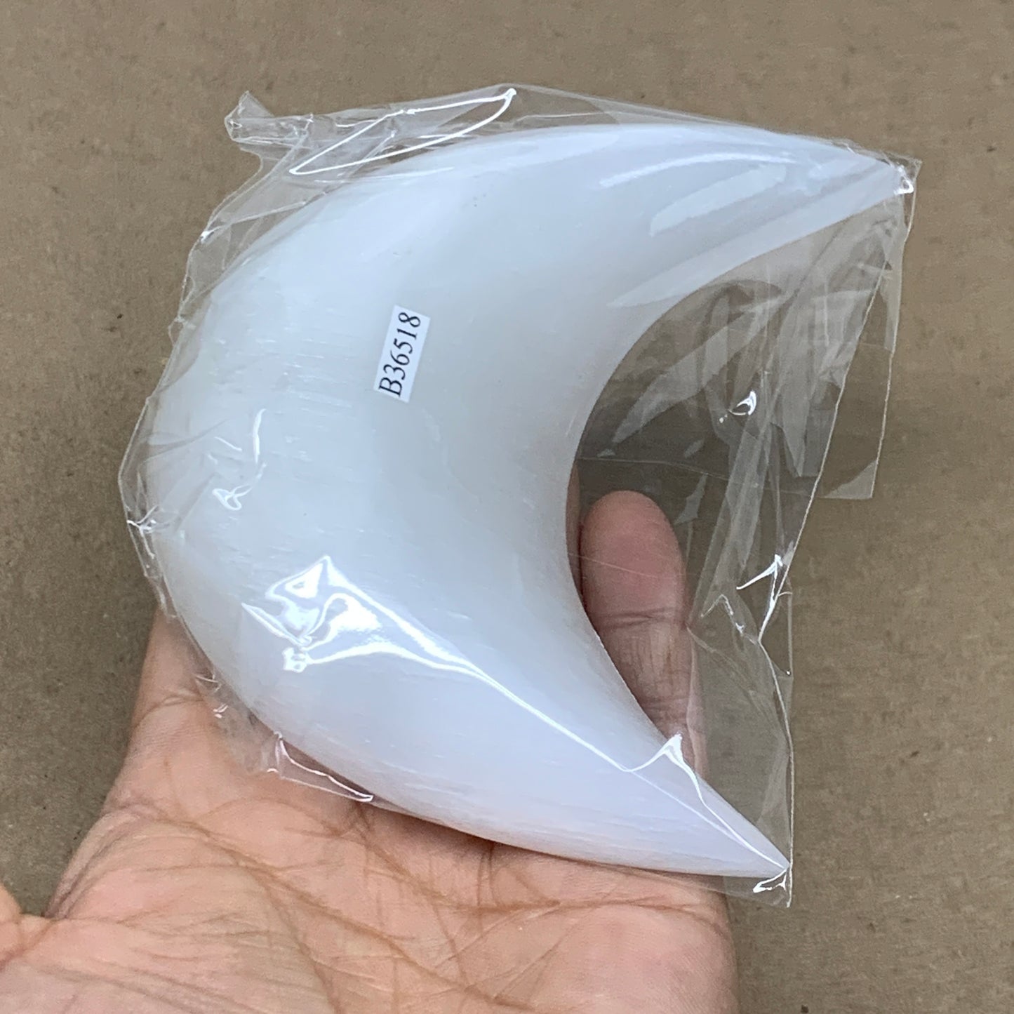 207g, 4.5"x2.2"x0.9", Selenite Crescent Moon Crystal (Satin Spar), B36518