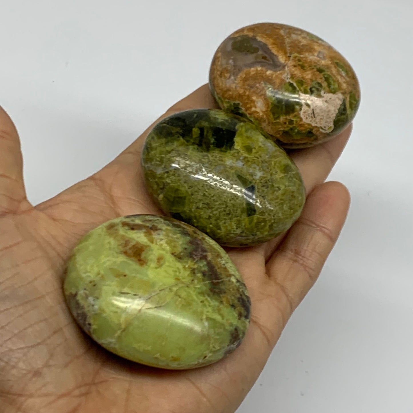 213.9g, 2"-2.2", 3pcs, Green Opal Crystal PalmStone Polished Reiki, B38319