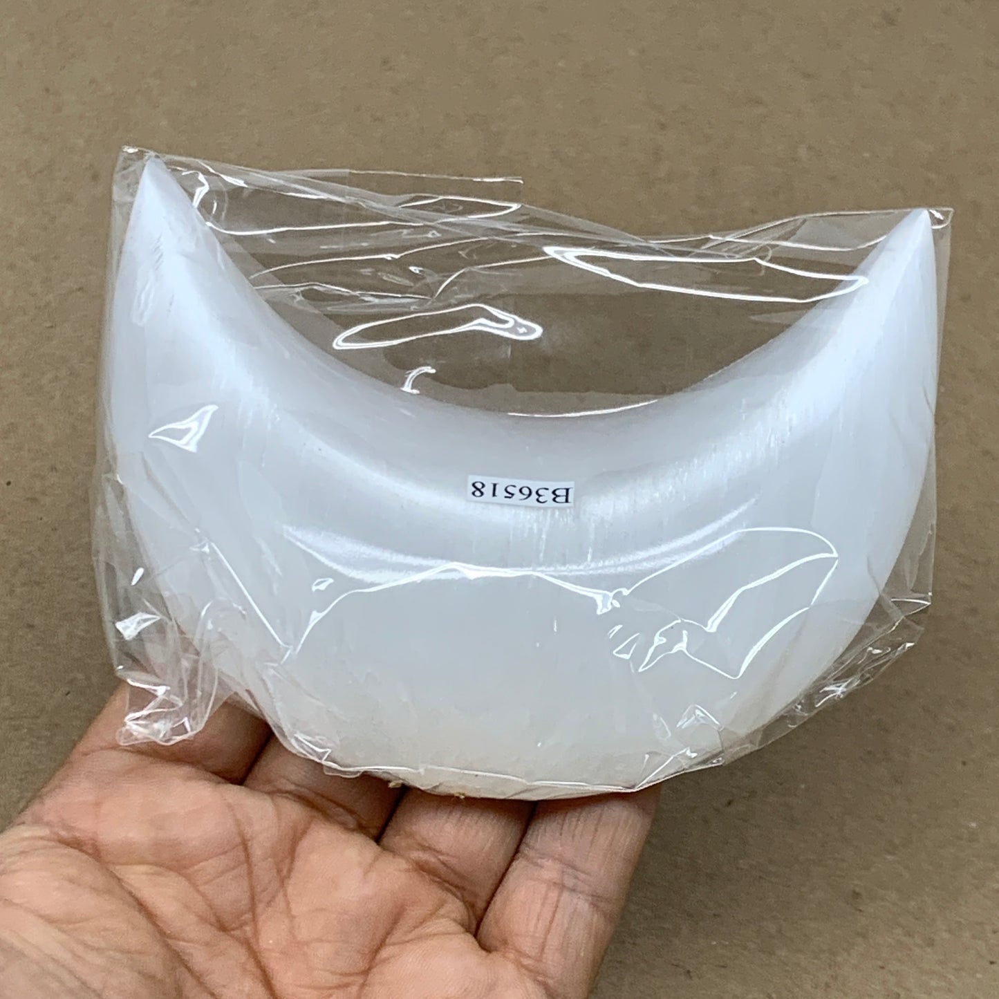 207g, 4.5"x2.2"x0.9", Selenite Crescent Moon Crystal (Satin Spar), B36518