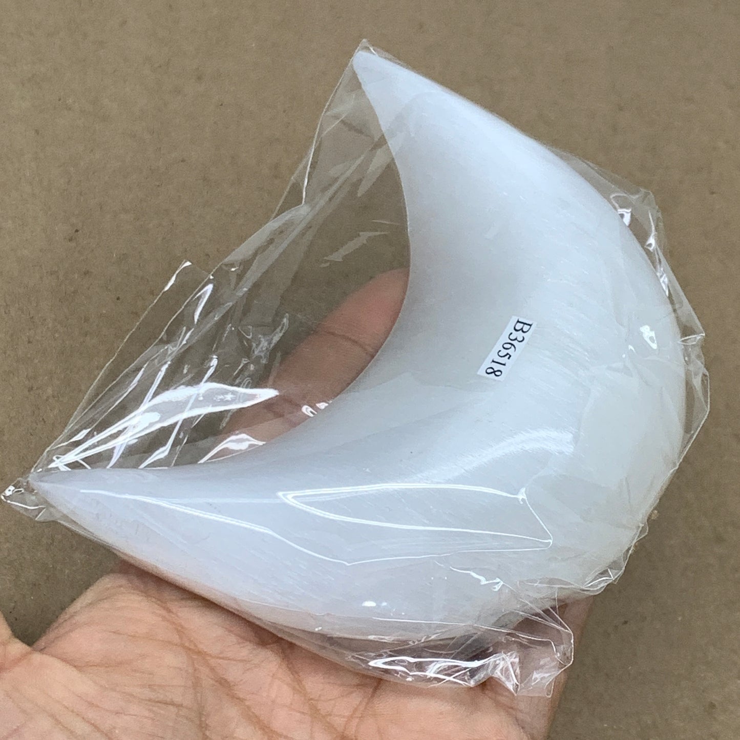 207g, 4.5"x2.2"x0.9", Selenite Crescent Moon Crystal (Satin Spar), B36518