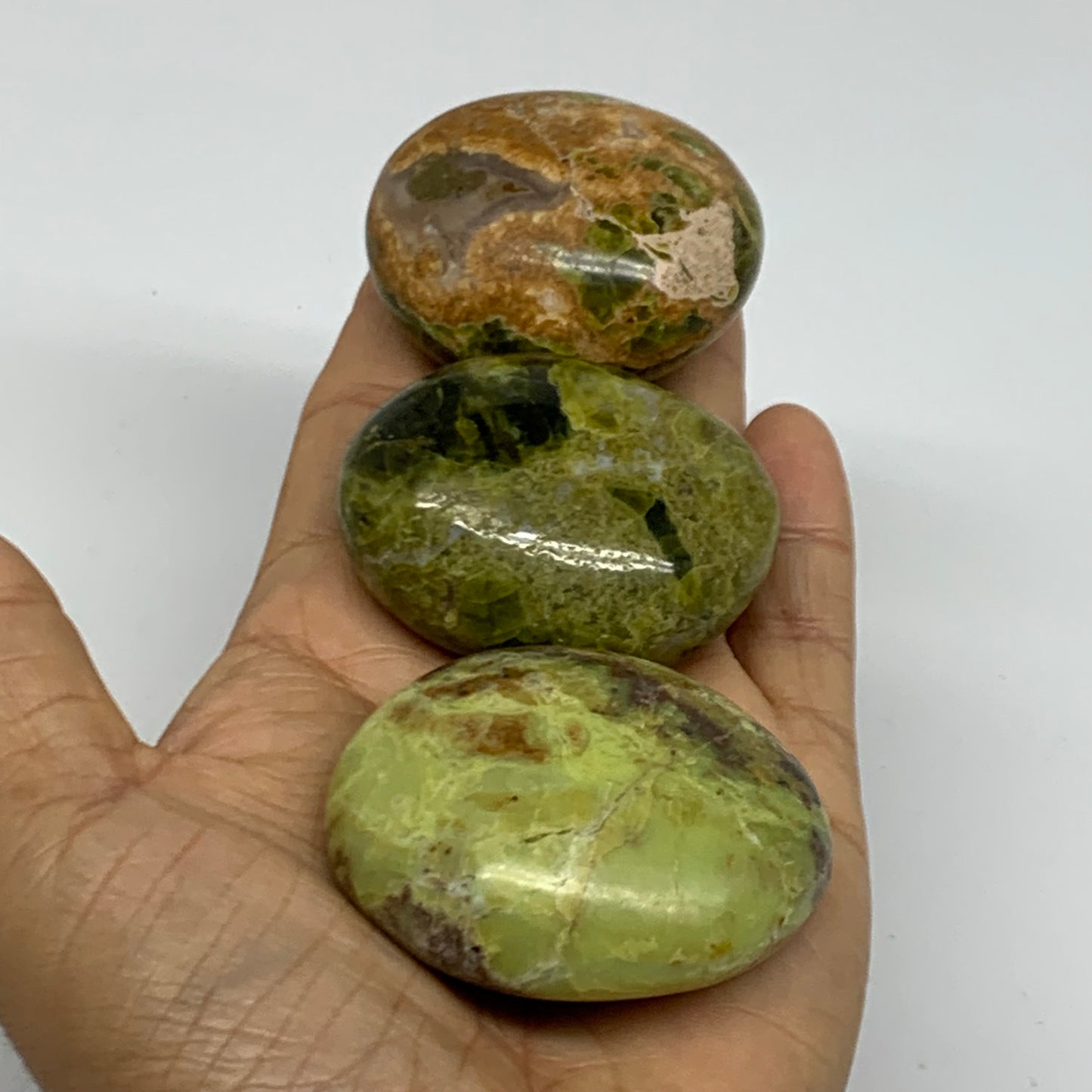 213.9g, 2"-2.2", 3pcs, Green Opal Crystal PalmStone Polished Reiki, B38319