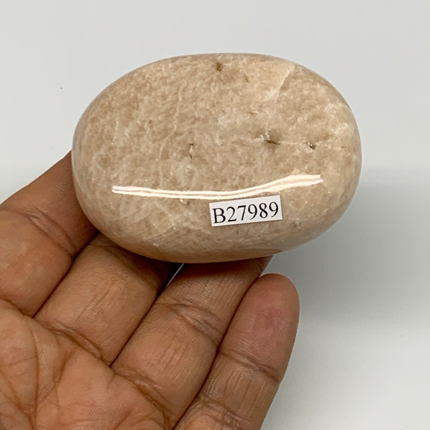 109.4g,2.3"x1.8"x0.9" Peach Moonstone Crystal Palm-Stone Polished Reiki, B27989