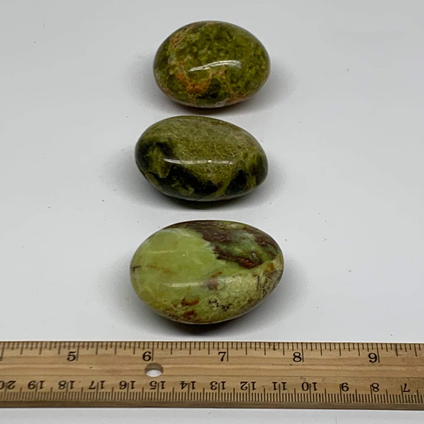 213.9g, 2"-2.2", 3pcs, Green Opal Crystal PalmStone Polished Reiki, B38319