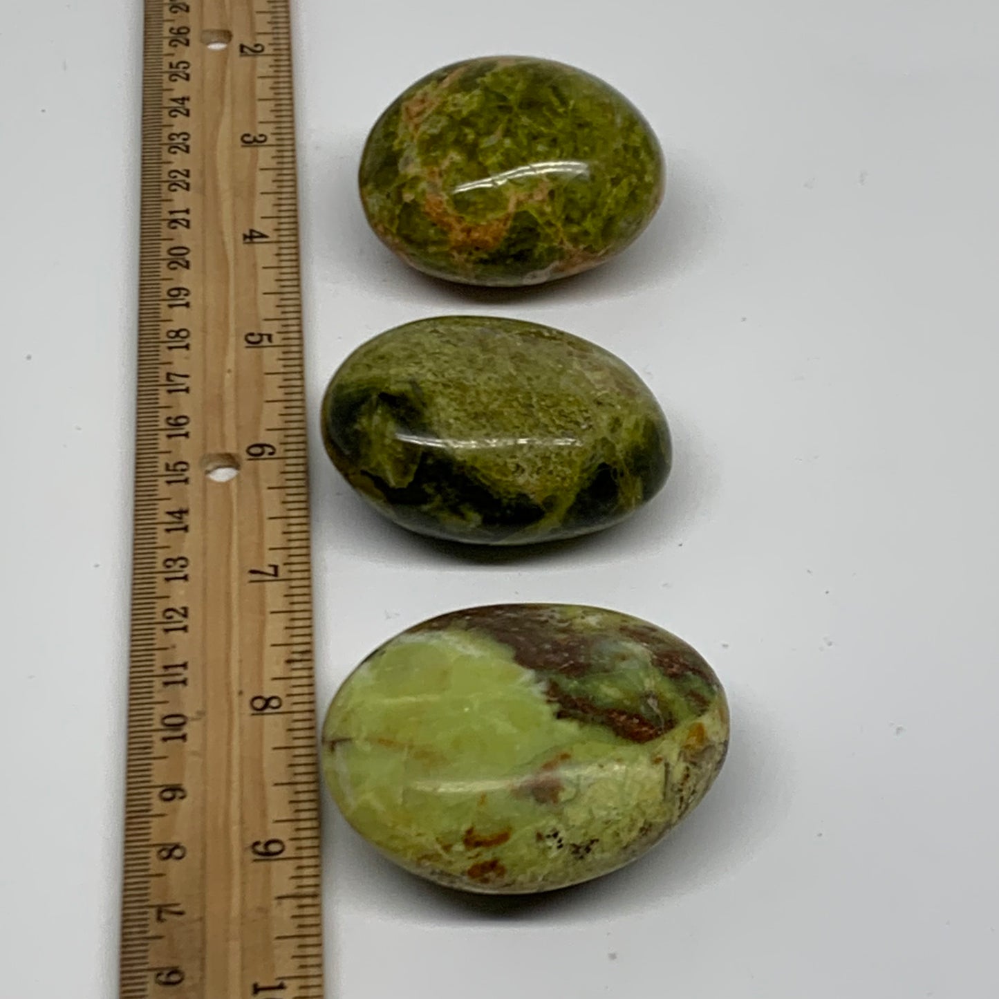 213.9g, 2"-2.2", 3pcs, Green Opal Crystal PalmStone Polished Reiki, B38319