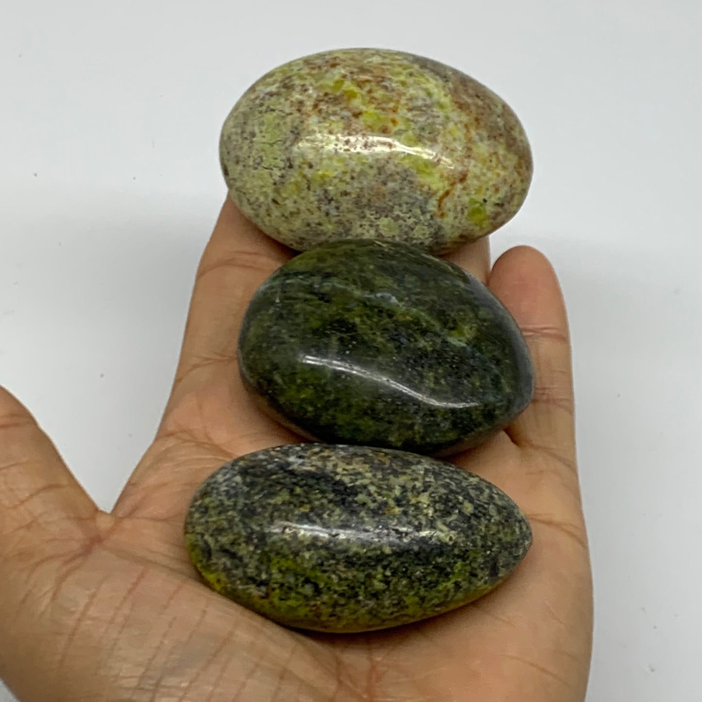 220g, 2.1"-2.3", 3pcs, Green Opal Crystal PalmStone Polished Reiki, B38320