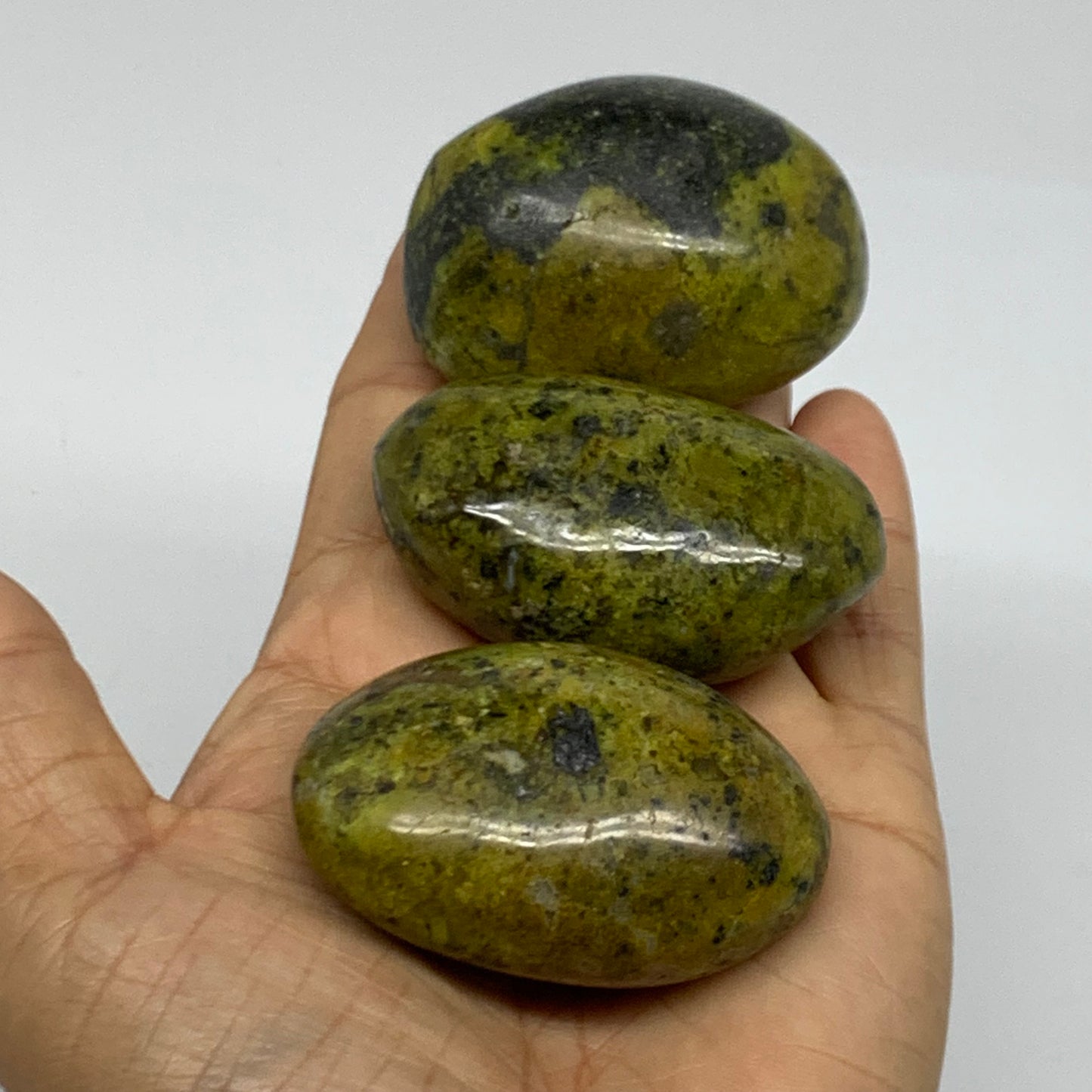 208.4g, 2.2"-2.2", 3pcs, Green Opal Crystal PalmStone Polished Reiki, B38321