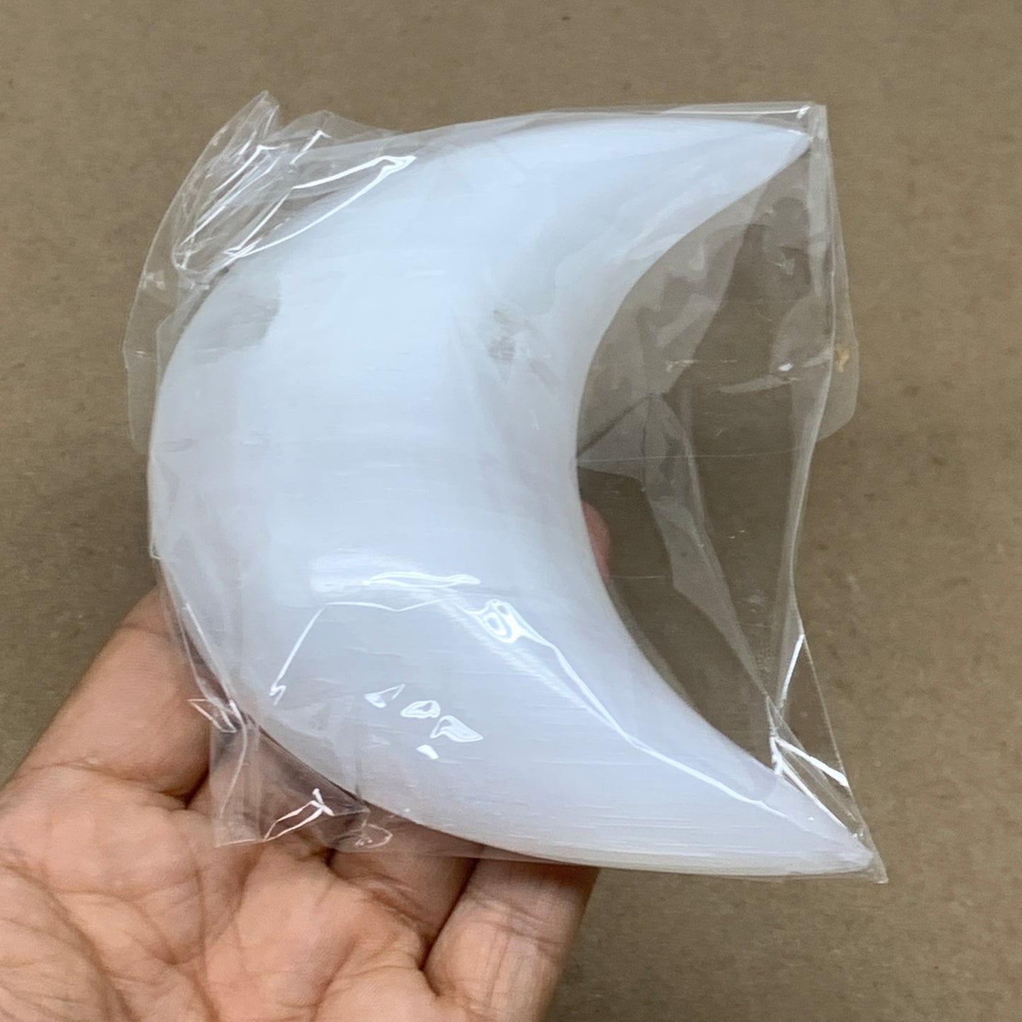 209g, 4.5"x2.2"x0.9", Selenite Crescent Moon Crystal (Satin Spar), B36523