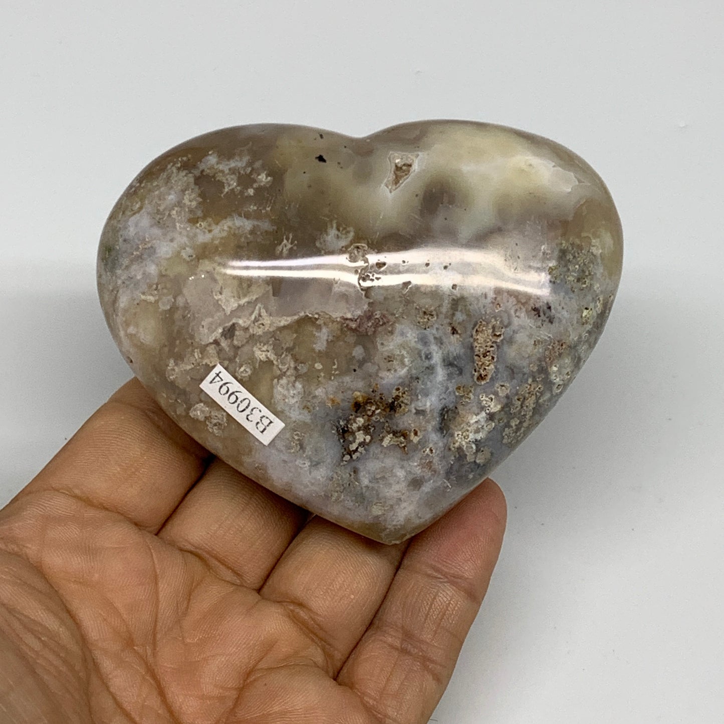0.56 lbs, 2.7"x3.3"x1.3", Flower Agate Heart Crystal, Blossom Agate, B30994