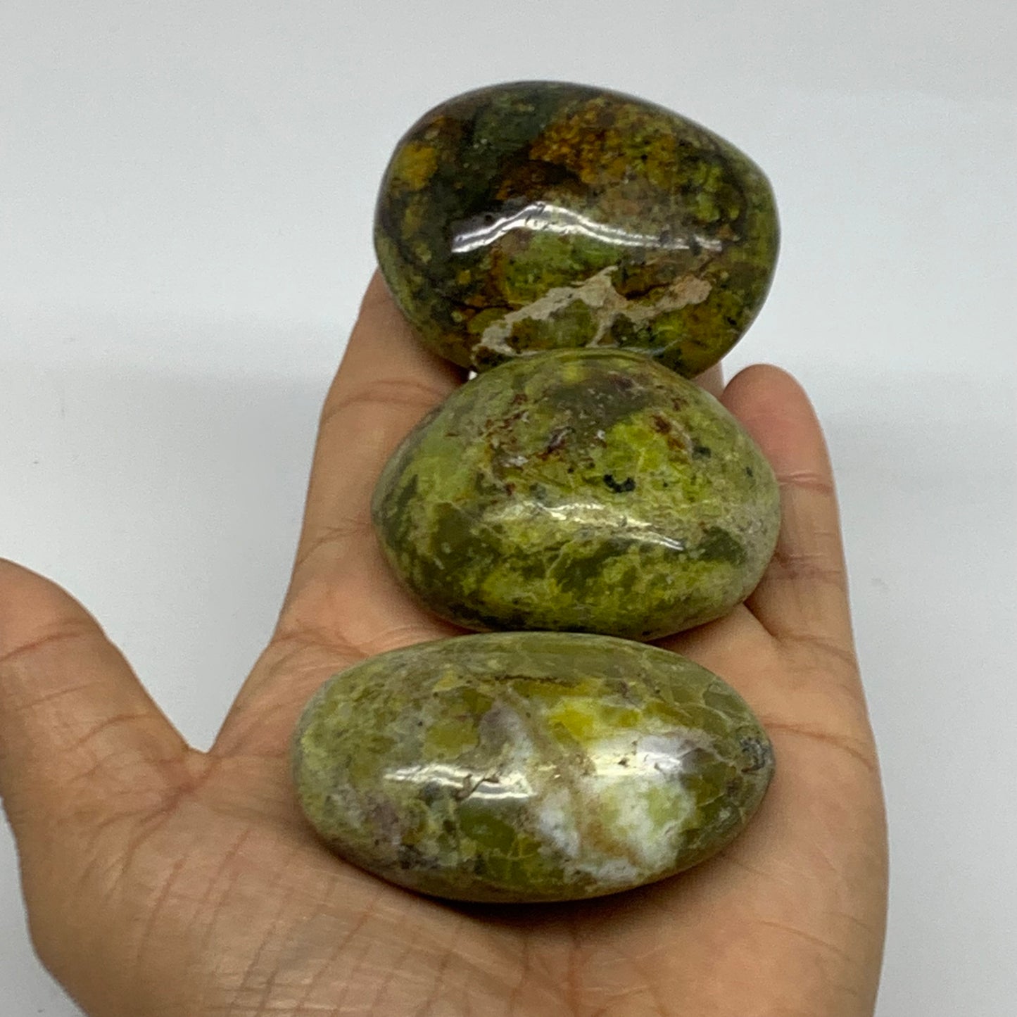 235.8g, 2"-2.2", 3pcs, Green Opal Crystal PalmStone Polished Reiki, B38322