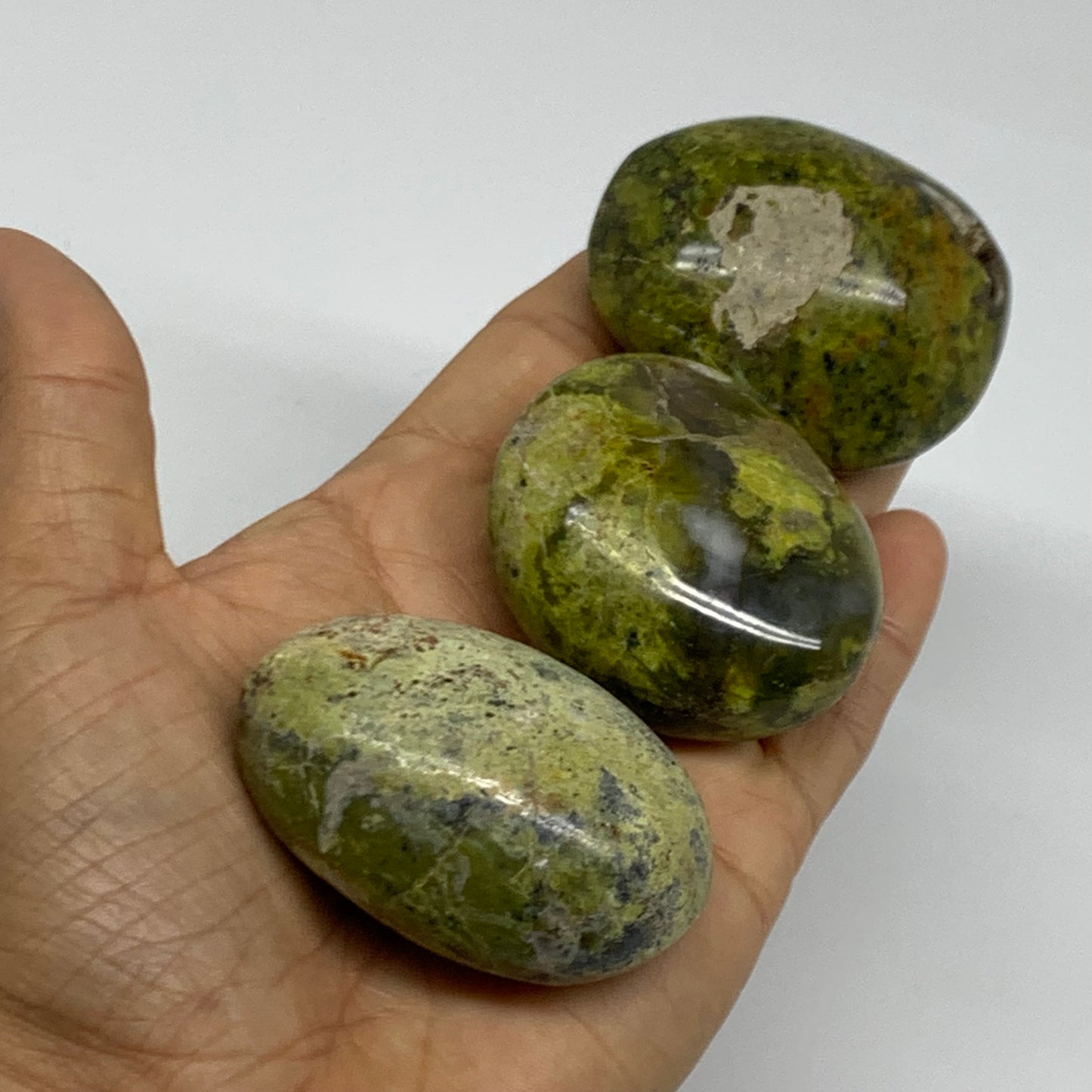 235.8g, 2"-2.2", 3pcs, Green Opal Crystal PalmStone Polished Reiki, B38322