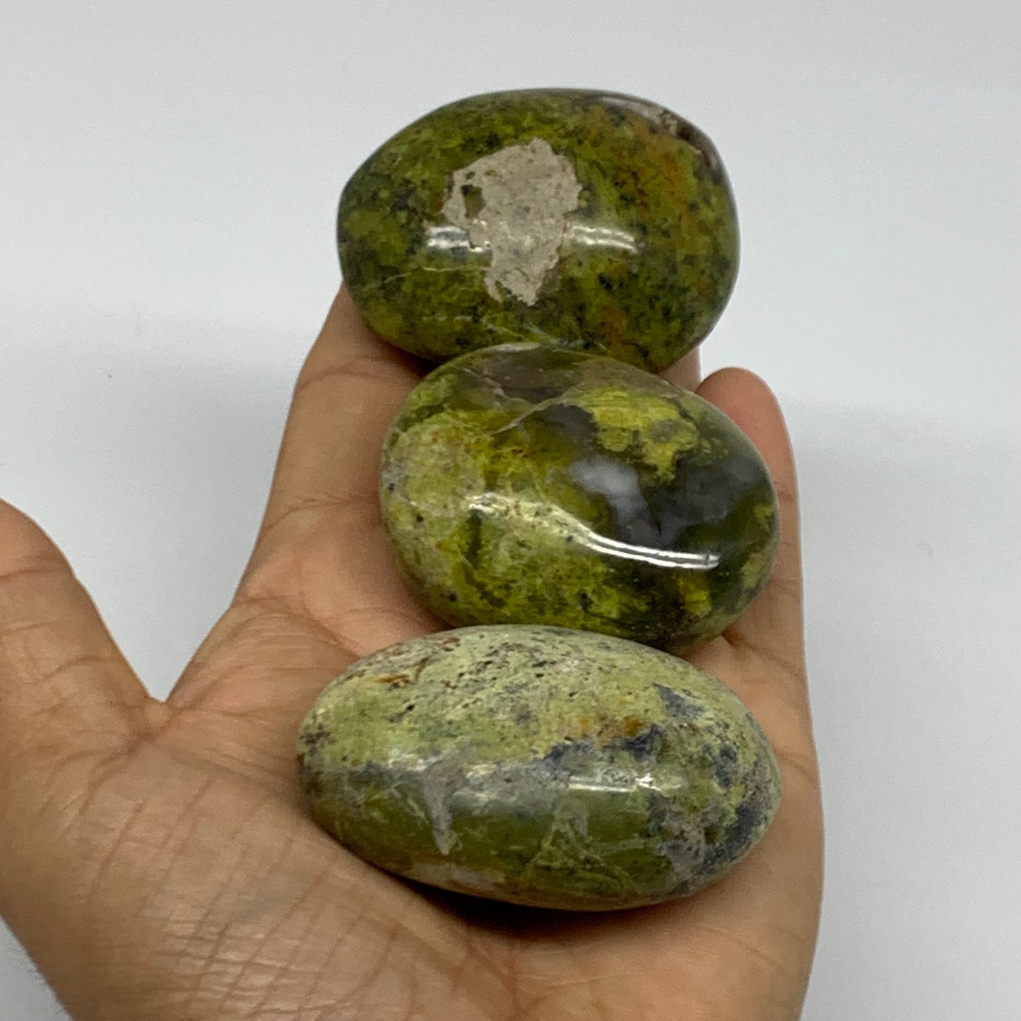 235.8g, 2"-2.2", 3pcs, Green Opal Crystal PalmStone Polished Reiki, B38322