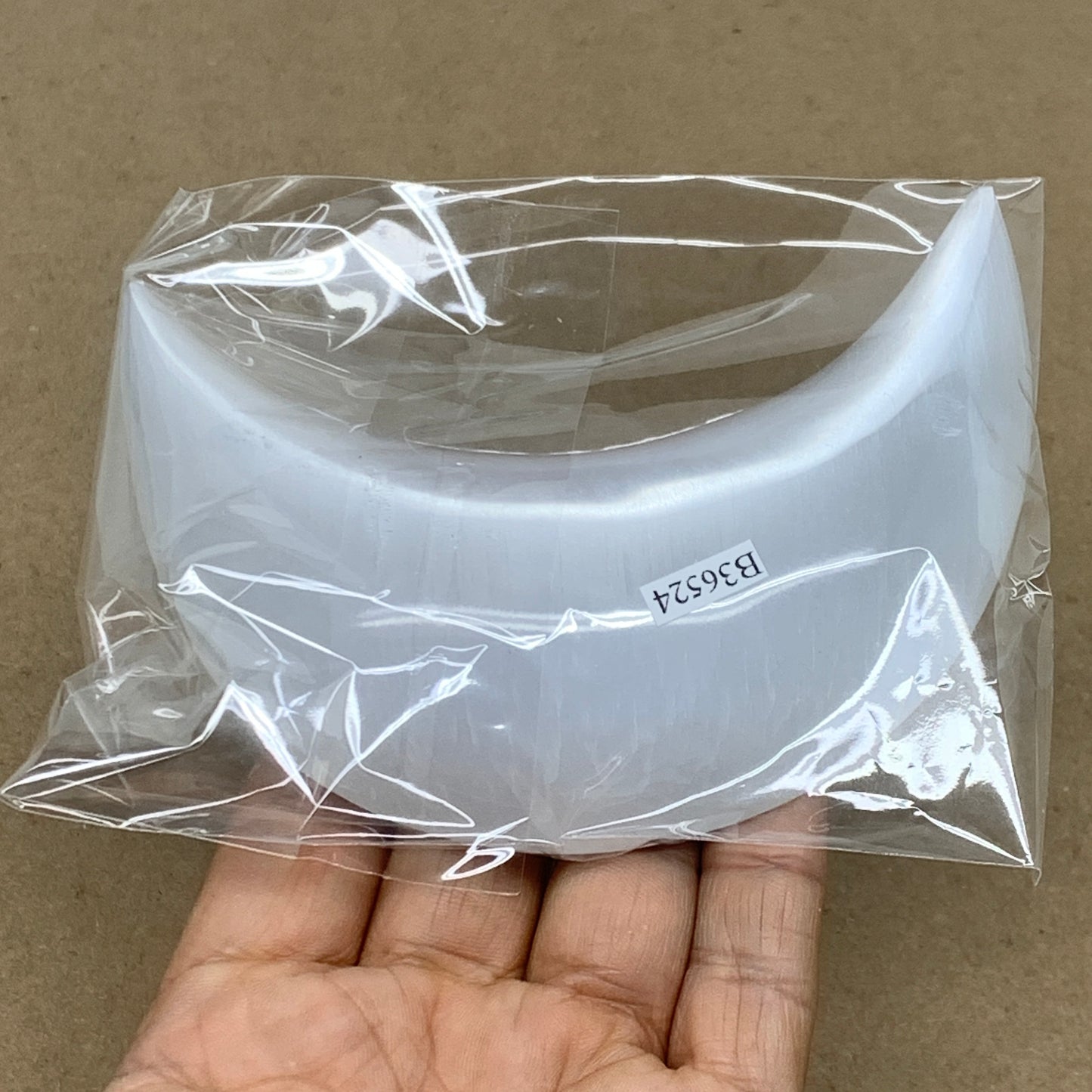 172g, 4.4"x2.1"x0.8", Selenite Crescent Moon Crystal (Satin Spar), B36524