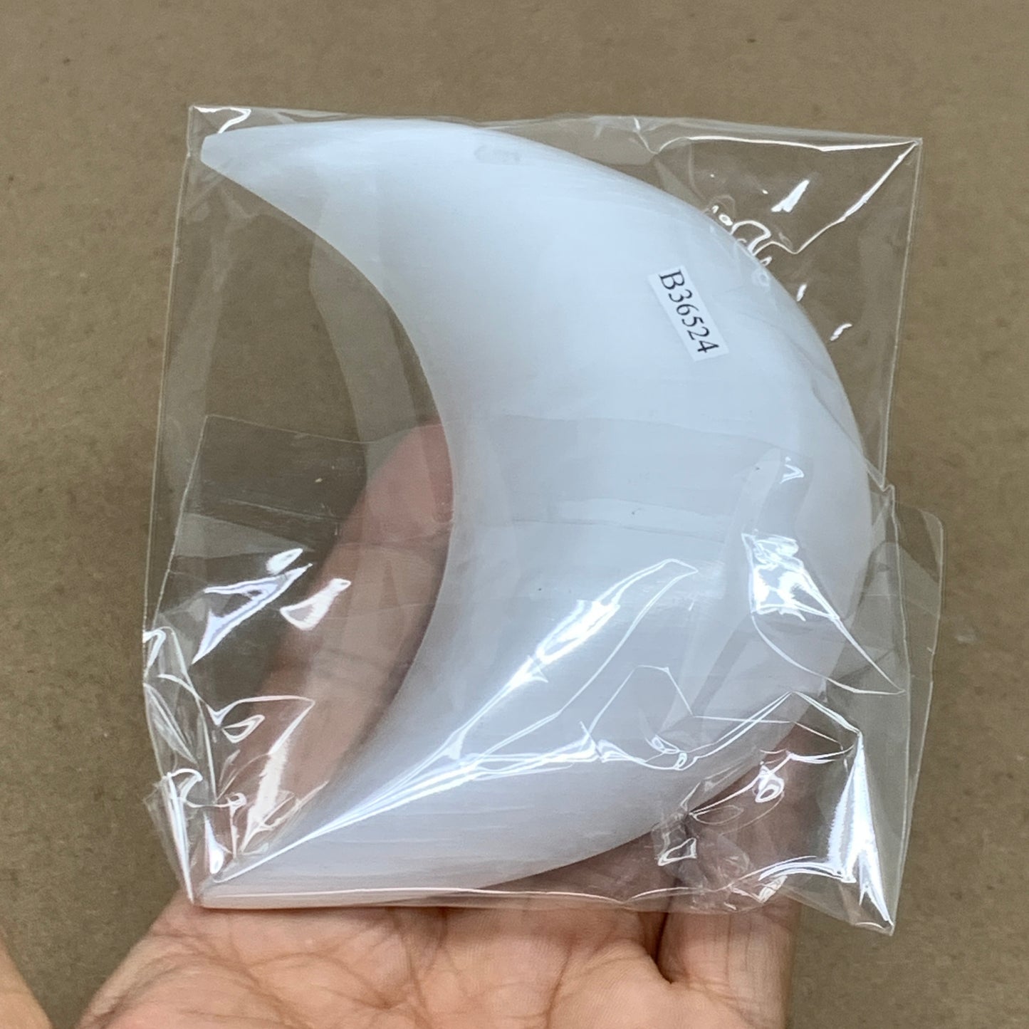 172g, 4.4"x2.1"x0.8", Selenite Crescent Moon Crystal (Satin Spar), B36524