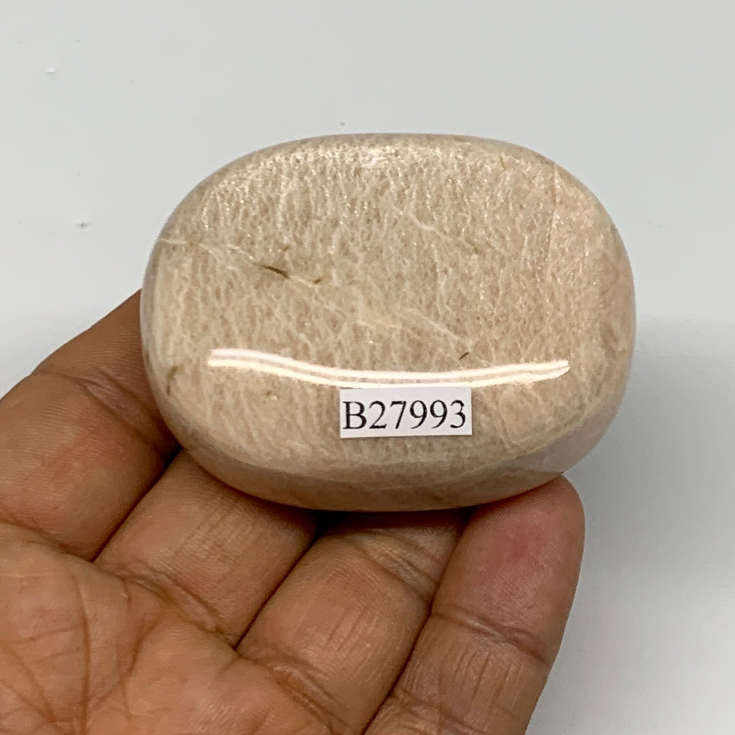 99.4g,2.1"x1.7"x0.9" Peach Moonstone Crystal Palm-Stone Polished Reiki, B27993