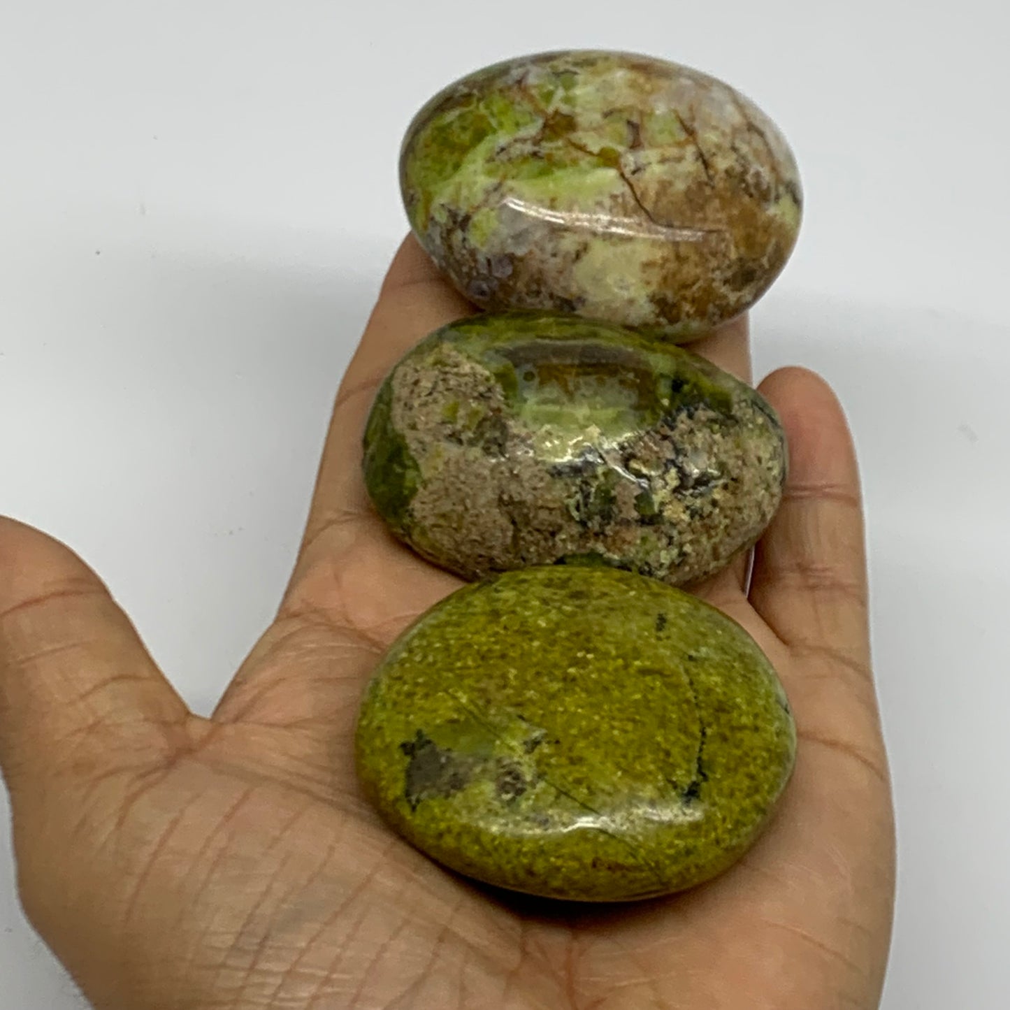 222.2g, 2"-2.2", 3pcs, Green Opal Crystal PalmStone Polished Reiki, B38323
