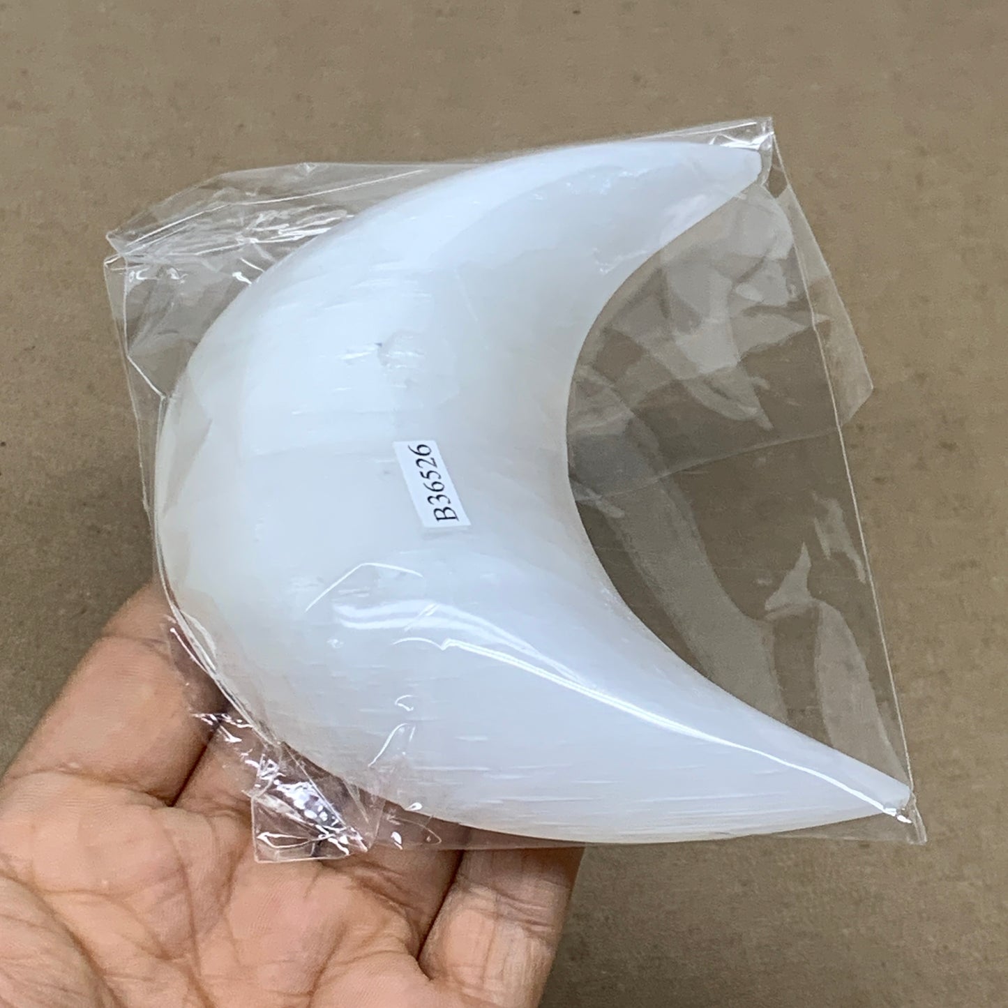 204g, 4.4"x2.2"x0.9", Selenite Crescent Moon Crystal (Satin Spar), B36526