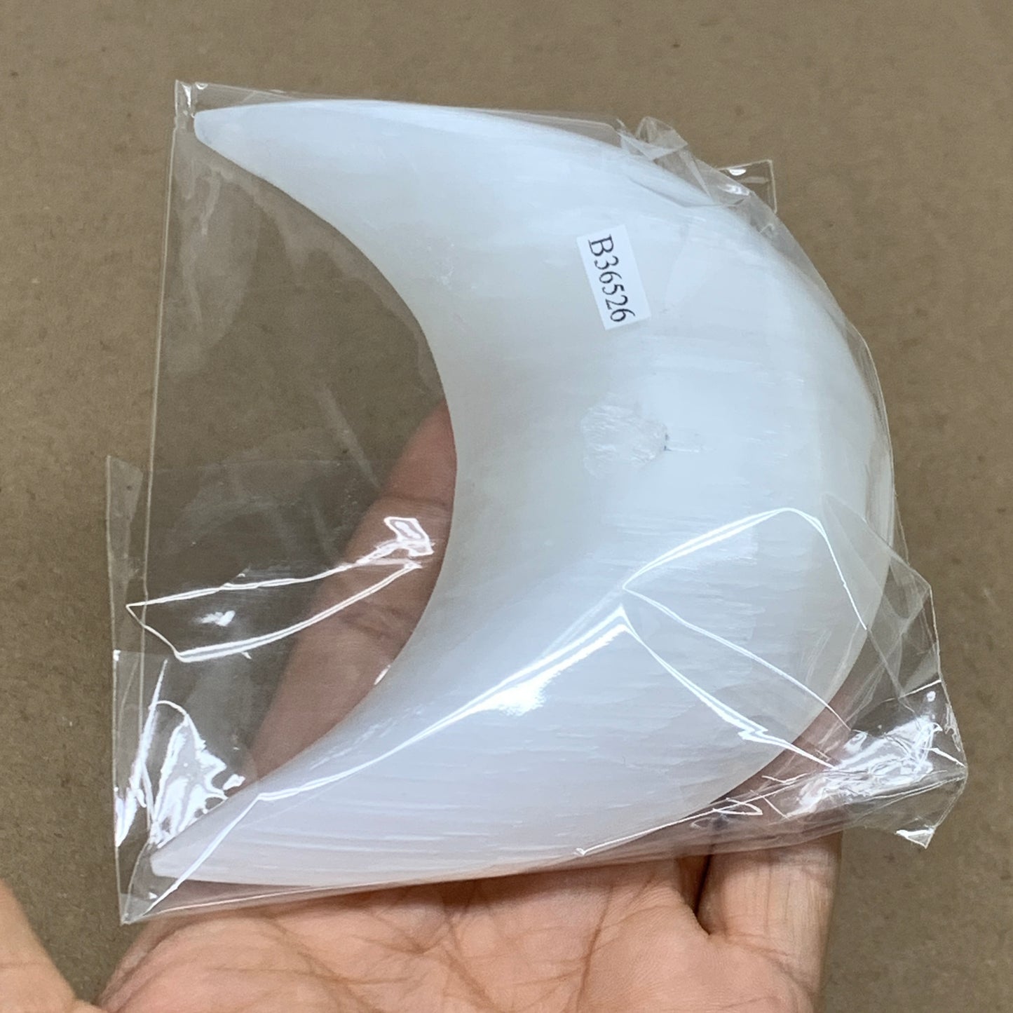 204g, 4.4"x2.2"x0.9", Selenite Crescent Moon Crystal (Satin Spar), B36526