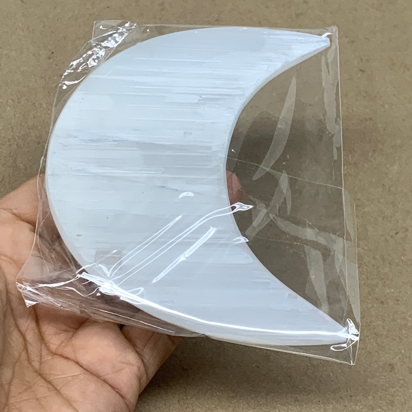 204g, 4.4"x2.2"x0.9", Selenite Crescent Moon Crystal (Satin Spar), B36526