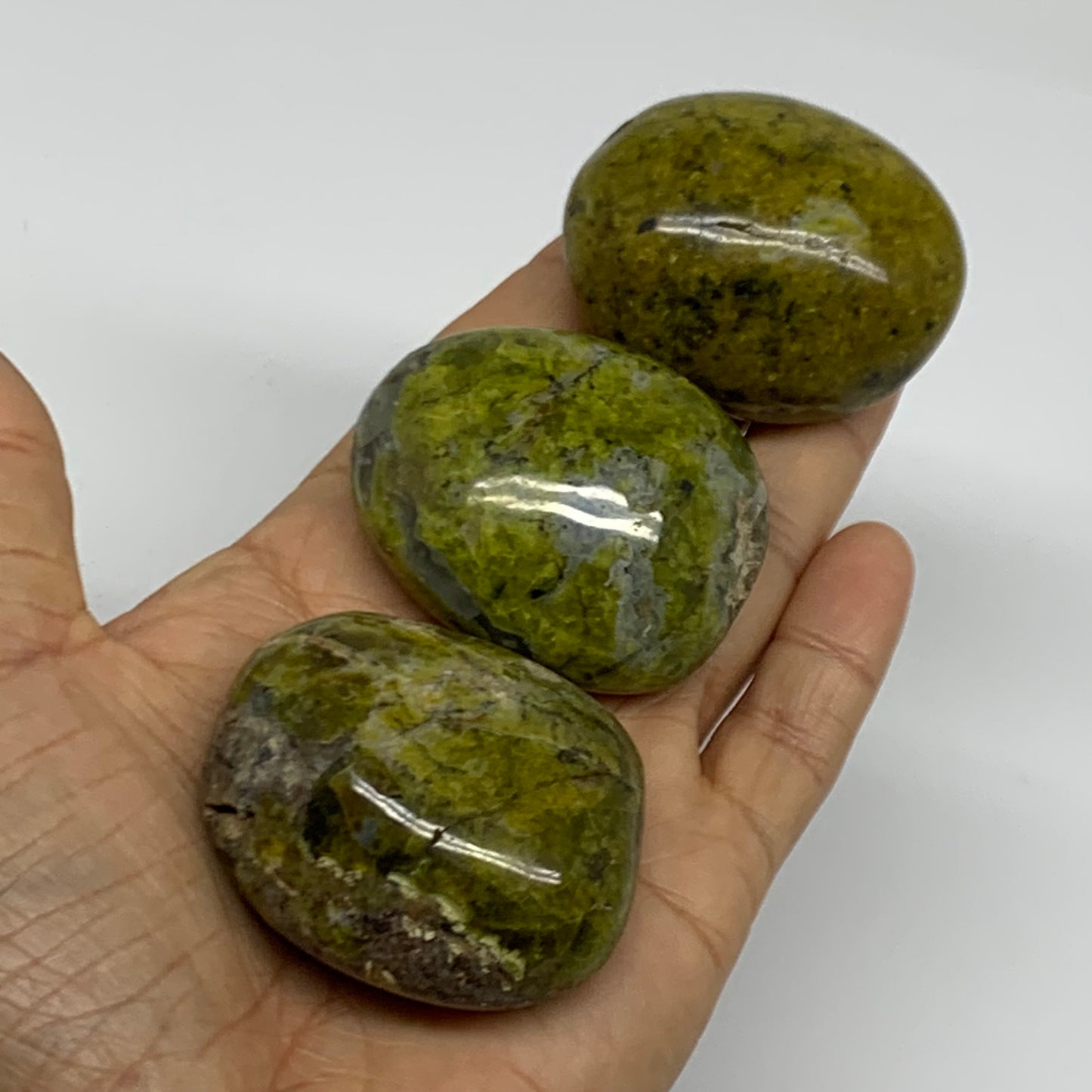 209.9g, 2"-2.1", 3pcs, Green Opal Crystal PalmStone Polished Reiki, B38324