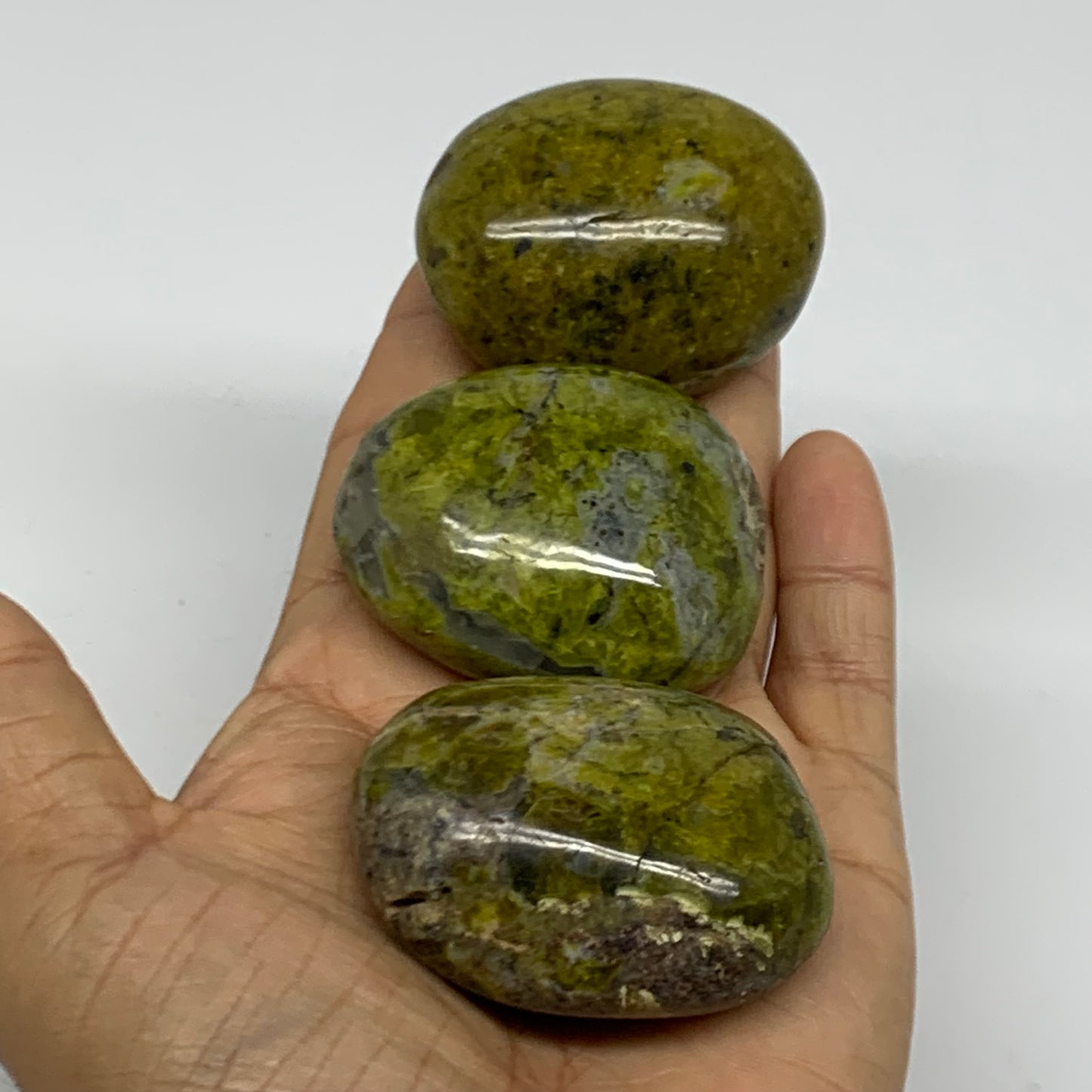 209.9g, 2"-2.1", 3pcs, Green Opal Crystal PalmStone Polished Reiki, B38324