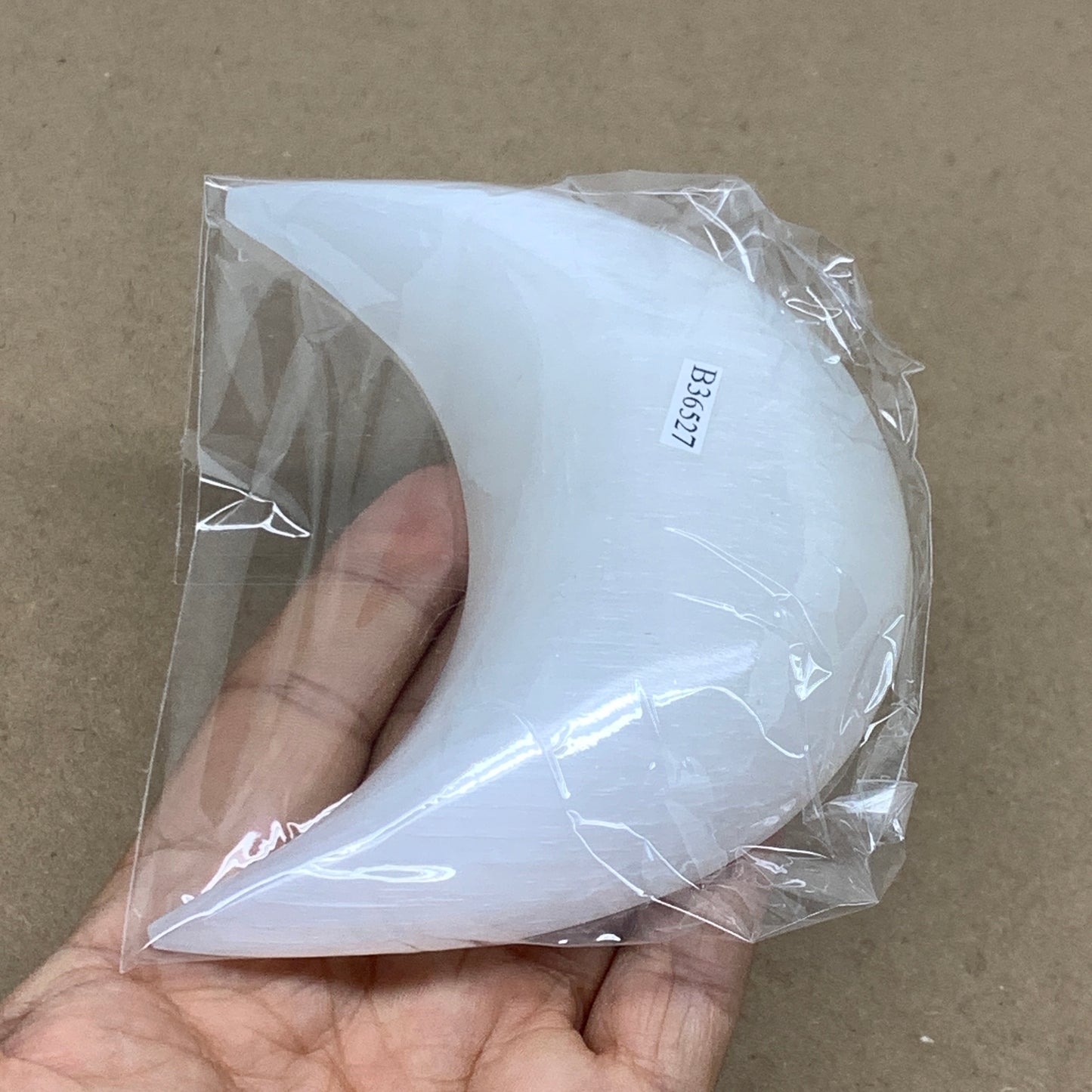 193g, 4.4"x2.1"x0.9", Selenite Crescent Moon Crystal (Satin Spar), B36527