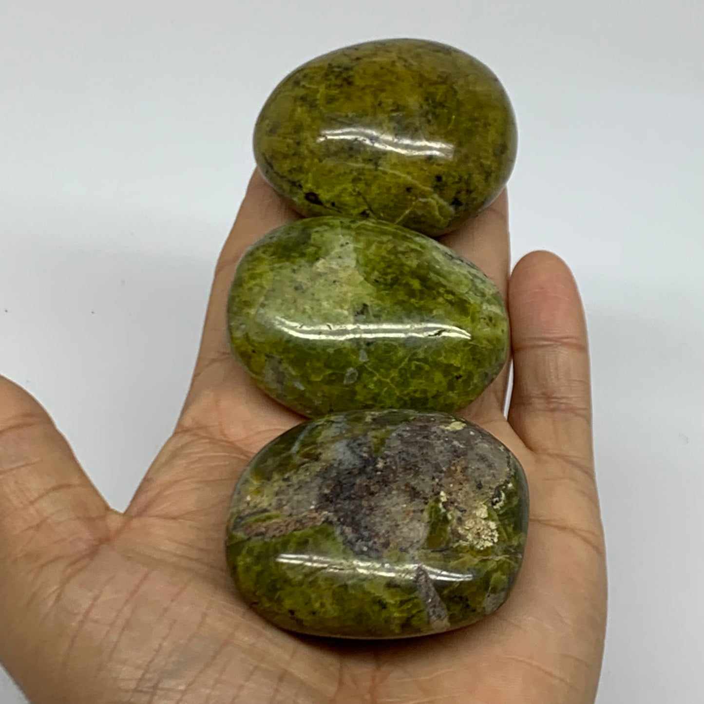 209.9g, 2"-2.1", 3pcs, Green Opal Crystal PalmStone Polished Reiki, B38324