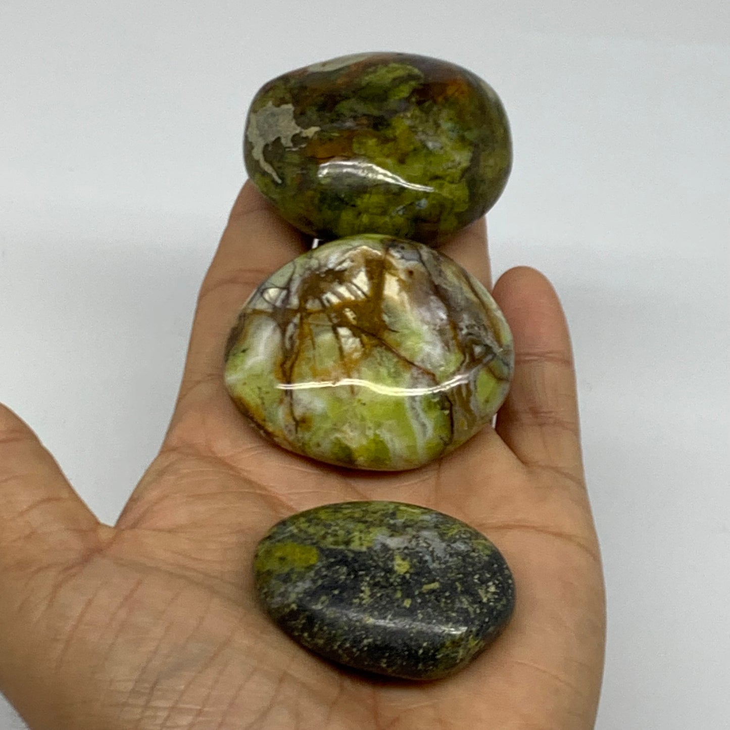 187.8g, 1.7"-2", 3pcs, Green Opal Crystal PalmStone Polished Reiki, B38325