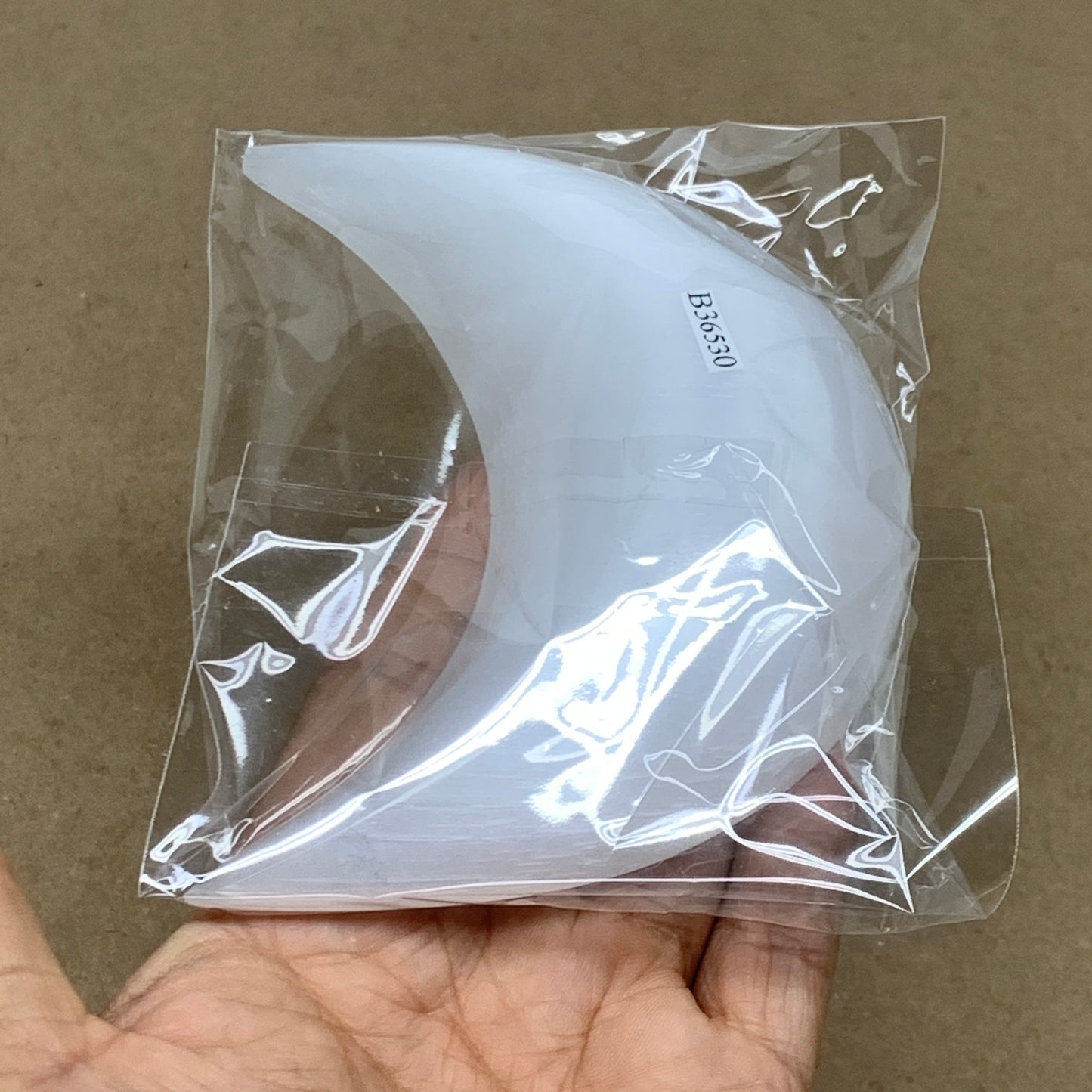 214g, 4.6"x2.1"x1", Selenite Crescent Moon Crystal (Satin Spar), B36530