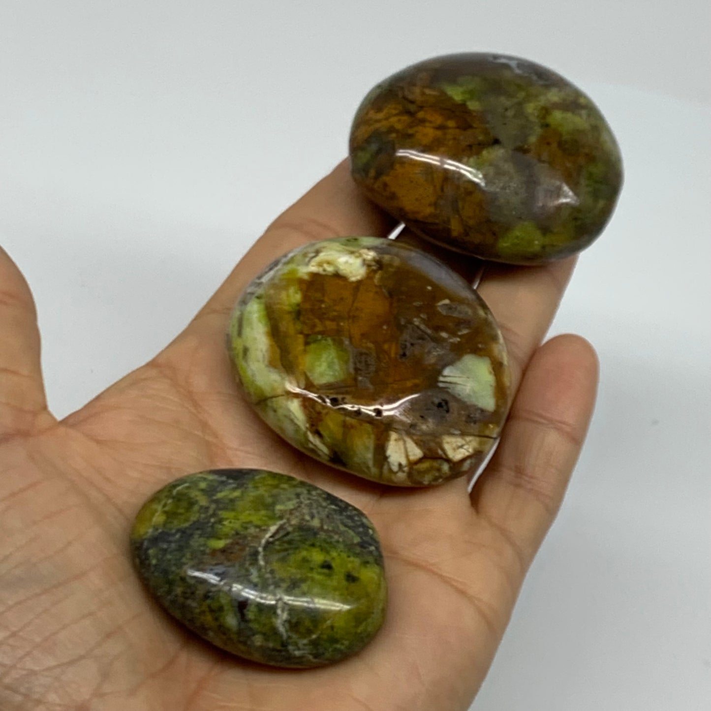 187.8g, 1.7"-2", 3pcs, Green Opal Crystal PalmStone Polished Reiki, B38325
