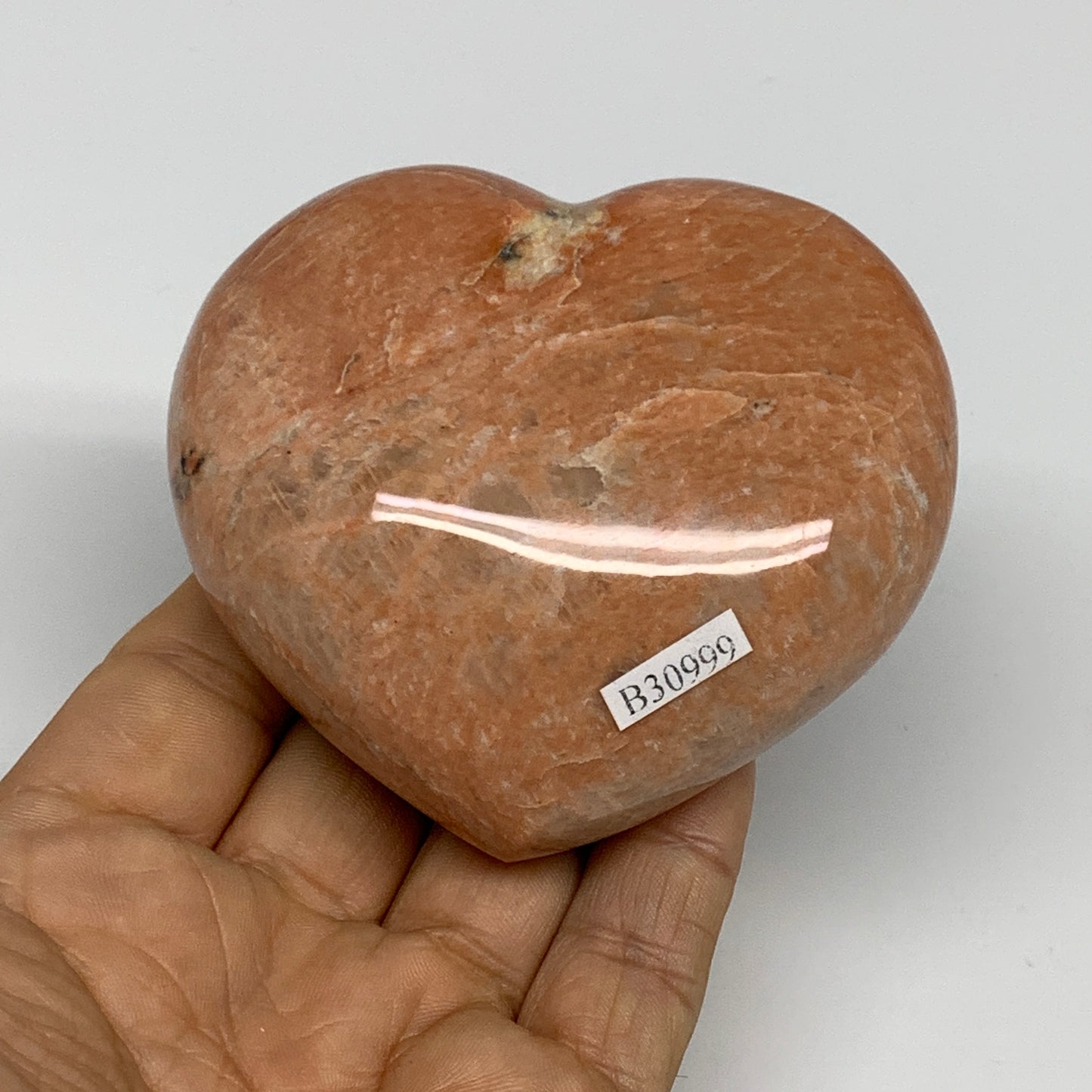 0.67 lbs, 2.9"x3.2"x1.5", Pink Peach Moonstone Heart Crystal Polished, B30999